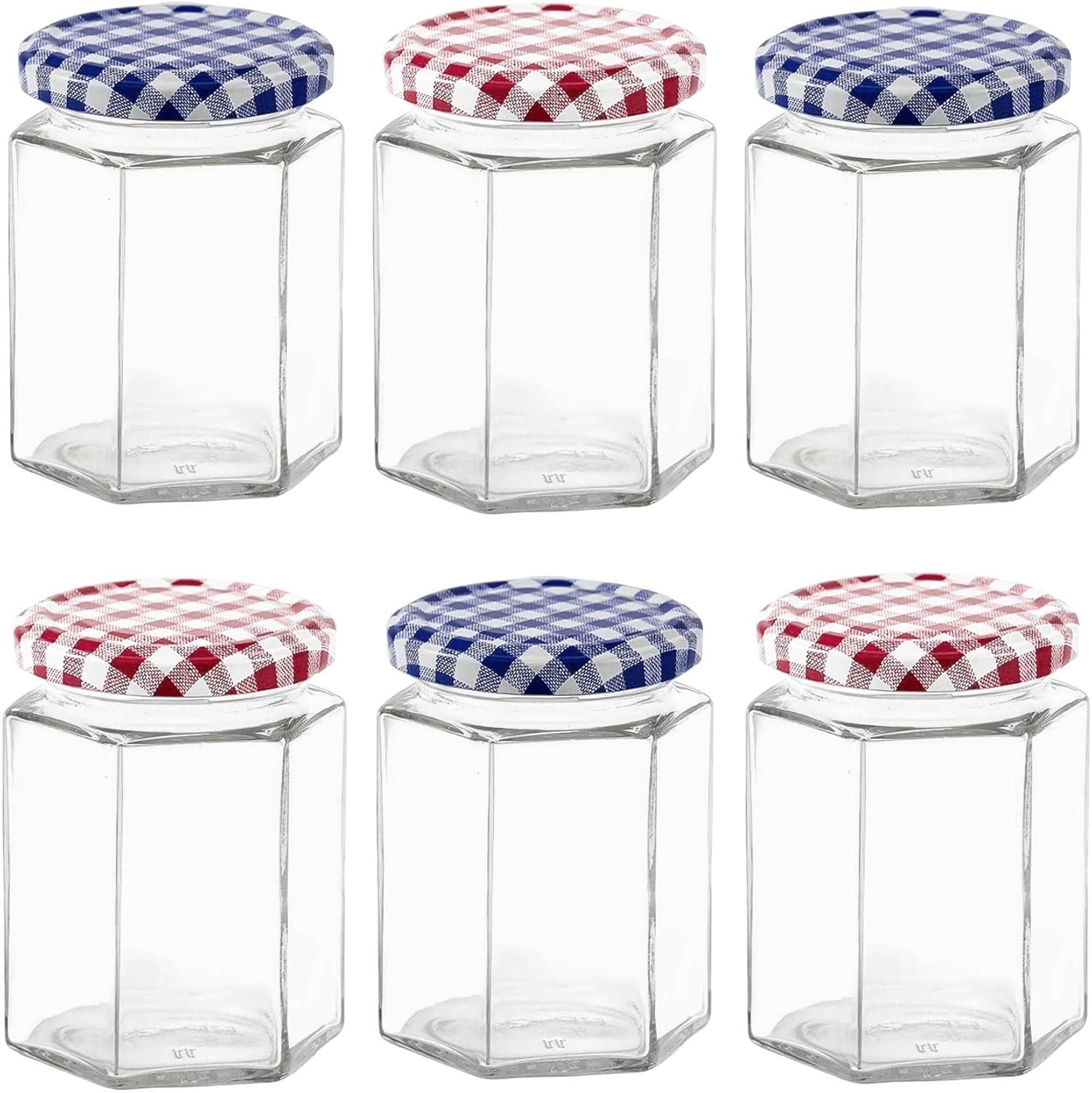 Glass Jam Jars Set of 6, 280ml / 9oz Hexagonal Storage Glass Jars with Screw Top Red and Blue Gingham Lids, Clear Airtight Preserving Glass Jars for Marmalade, Chutney, Jam, Pickle