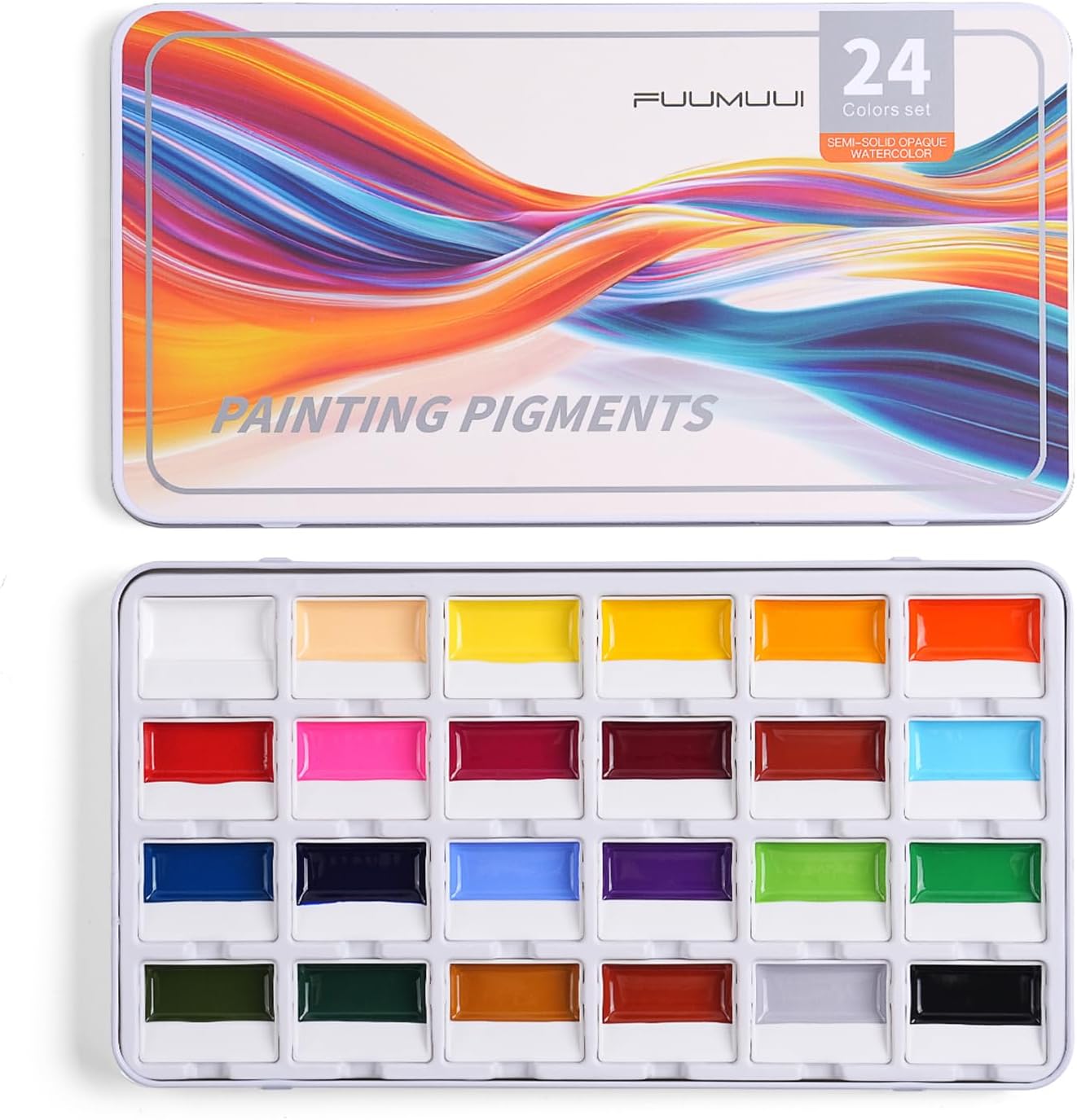Fuumuui 24-Color Opaque Semi-Solid Watercolor Set – High-Saturation Bright Colors Art Supplies with Strong Coverage and Rich Pigments for Artists Beginner Painters Amateur Hobbyists Painting