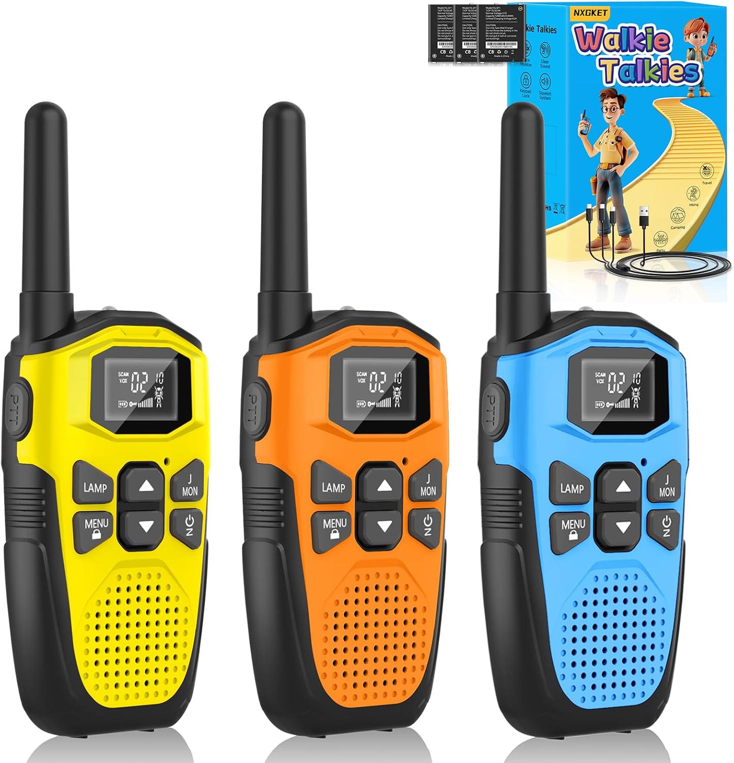 Walkie Talkies for Adults Long Range 3 Pack, NXGKET Rechargeable Kids Walky Talky with Built-In Li-Ion Battery, 16 Channels Radio with Type-C Charging Cable,VOX Function,LED Flashlight, for Camping