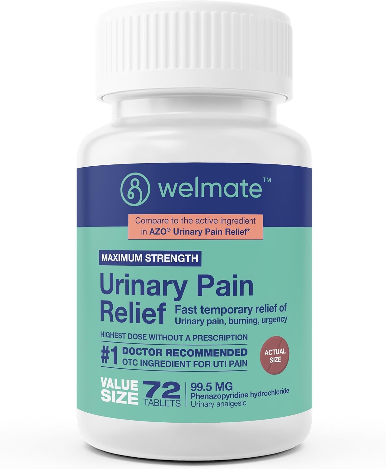 WELMATE | Urinary Pain Relief | Fast Acting UTI Relief | Phenazopyridine HCl 99.5 mg | Bladder Discomfort & Pain Relief Tablets | 72 Count