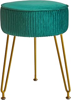 IBUYKE Velvet Round Footrest Stool Ottoman, Makeup Vanity Stool Side Table, Velvet Dressing Table Seat, Pouf Couch Stool, Golden Steel Legs, Green LG-30L