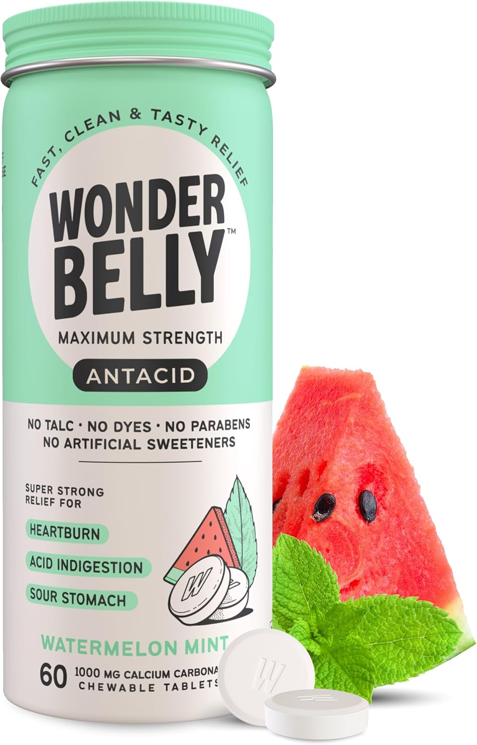 Wonderbelly Antacid, Effective Heartburn and Instant Acid Indigestion Relief, Extra Strength Chewable Tablets, 1000 mg Calcium Carbonate, No Talc or Dye, Watermelon Mint, 60 Count