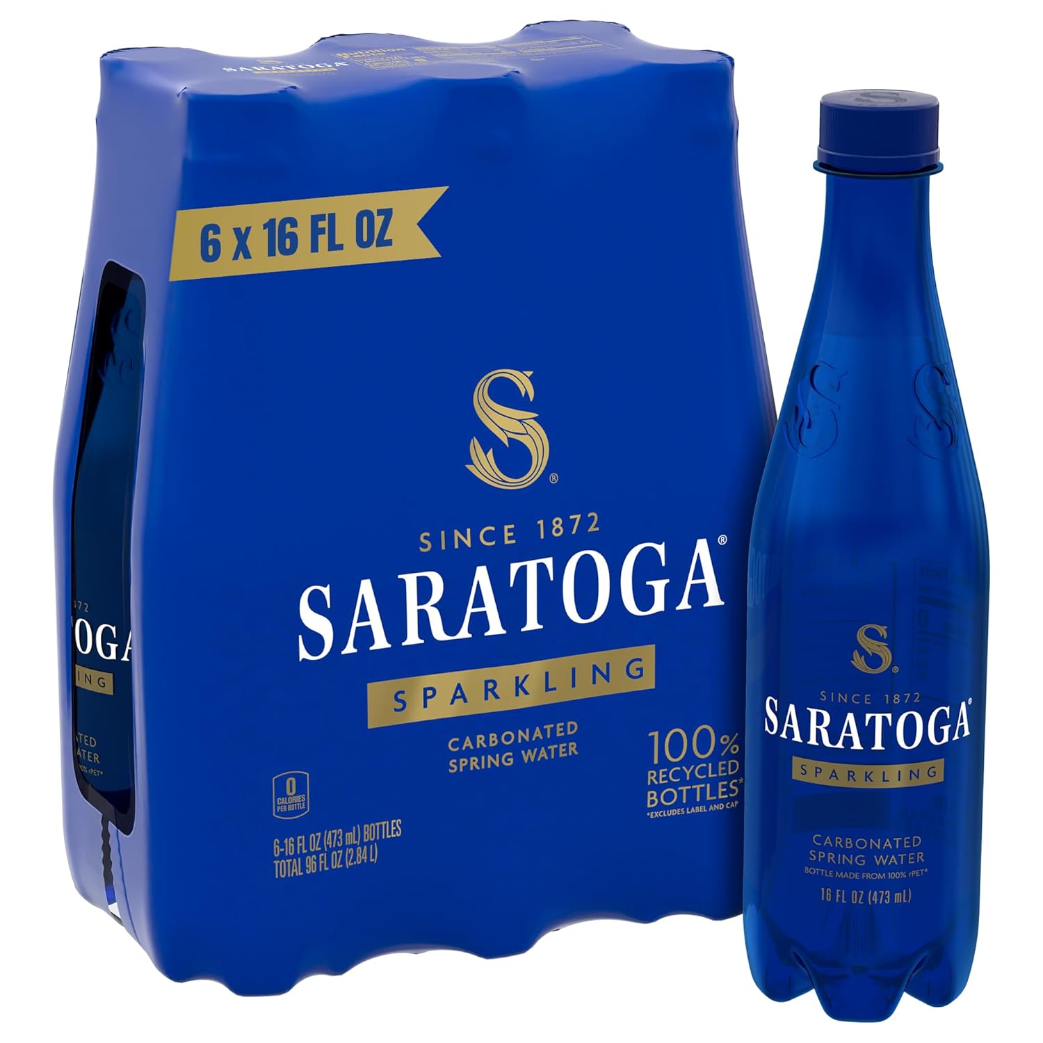 Saratoga Sparkling Water Bottles, 6-Pack - Carbonated Spring Bottled Water with Naturally Occurring Minerals & Electrolytes - Recycled PET Plastic Bottles - 16 Fl Oz