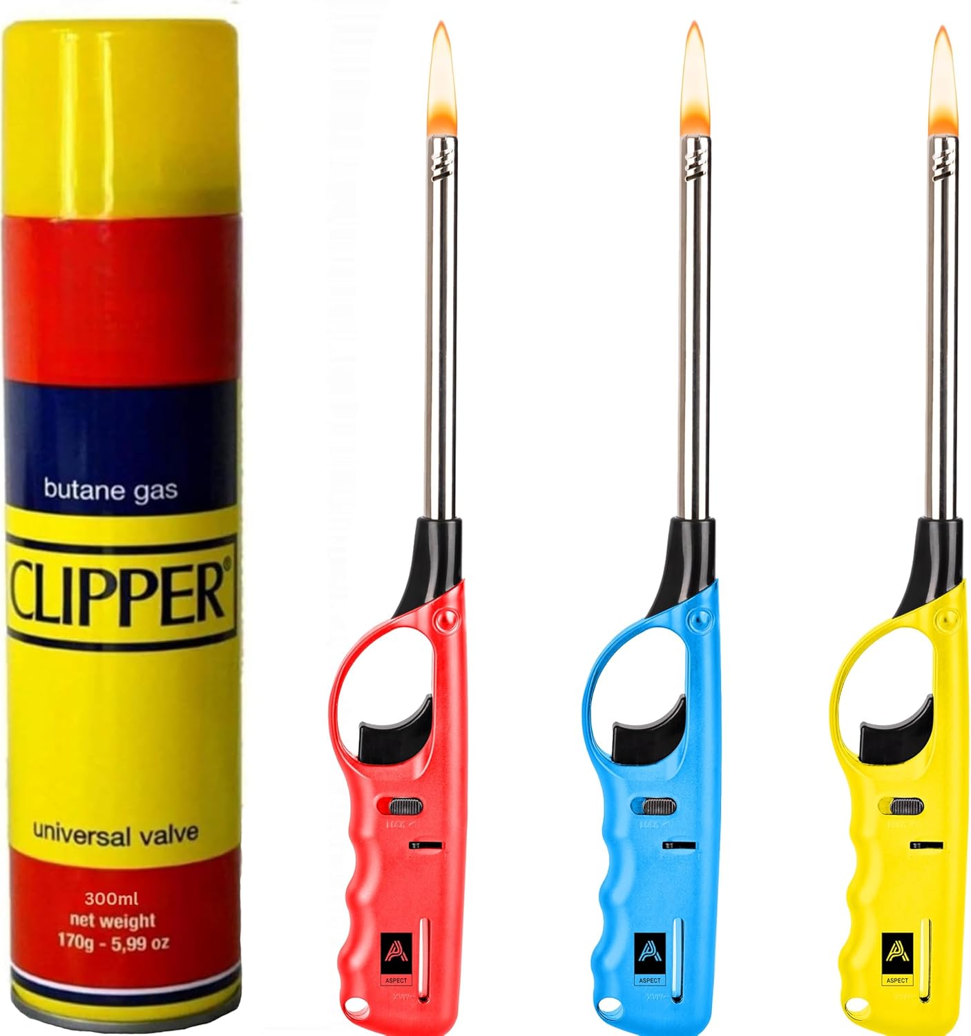 Aspect X3 Refillable BBQ Lighter – Adjustable Flame, Clipper Gas, Multi-Use for Kitchen, BBQ, Candles, Camping & Fireworks (Set of 4)