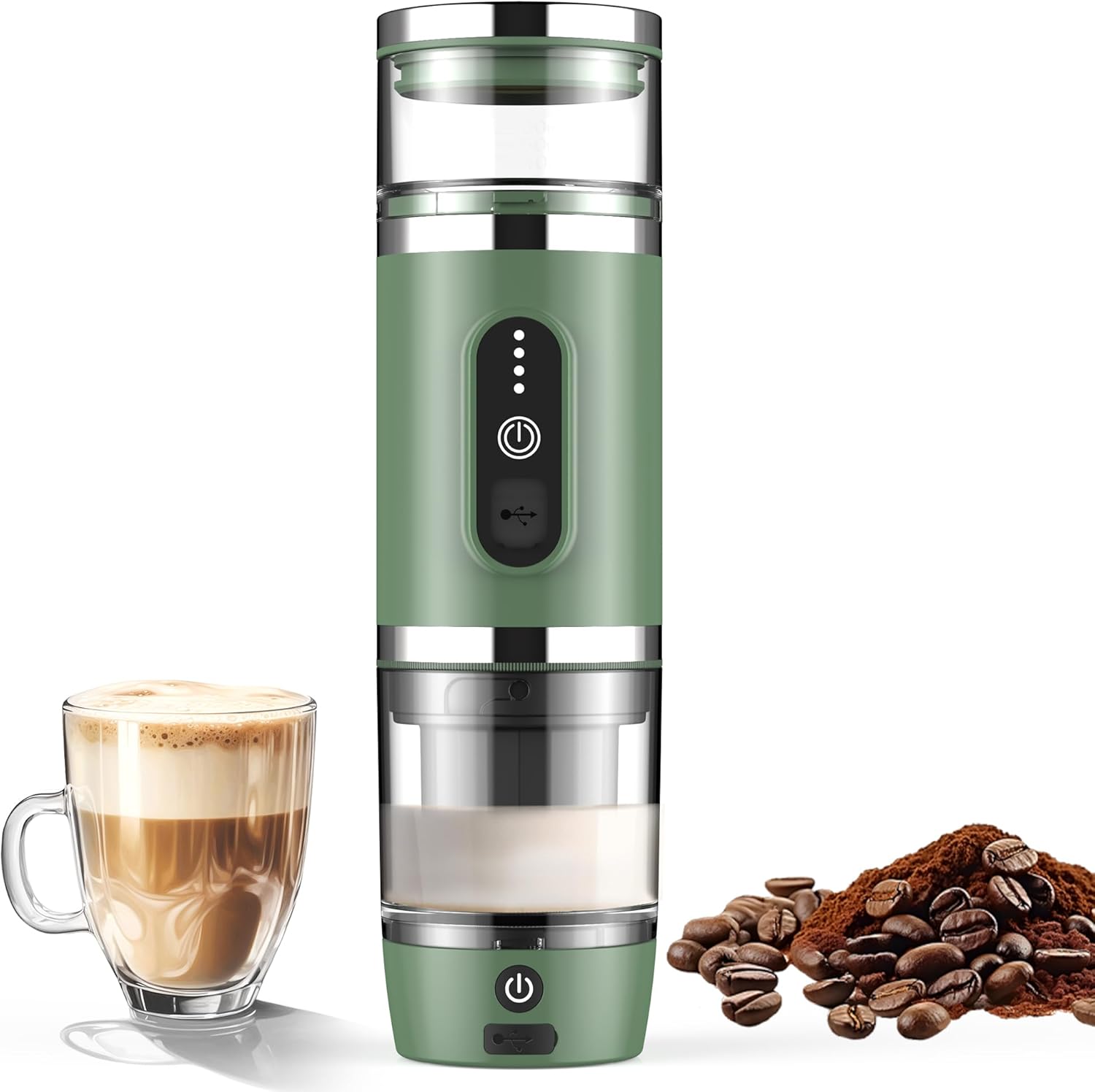 Hobsir Portable Electric Espresso Maker, Milk Frother Travel Coffee Machine for Camping, Car Coffee Maker with Frothing Base, USB-C, 3in1 Capsule, Portable Small Espresso Coffe Machine, Green