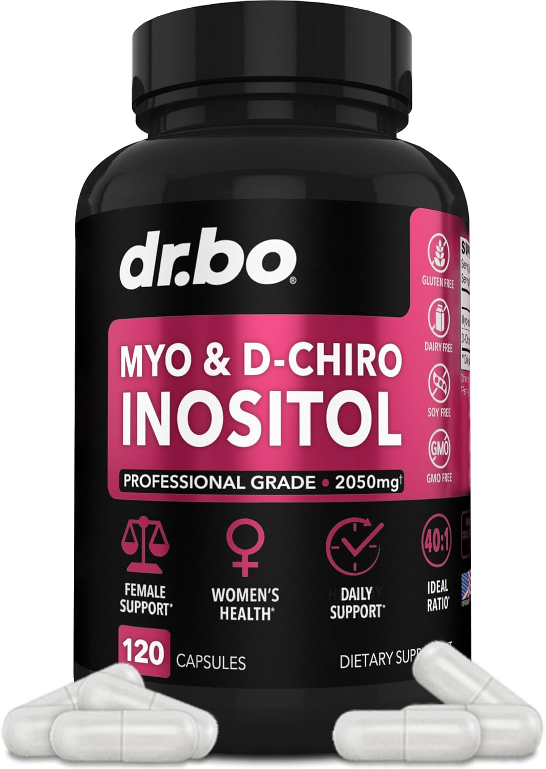 Myo-Inositol & D-Chiro Inositol Supplement Capsules - 40:1 Ratio Inositol Supplement for Women 2050mg with Vitamin B8 Pills - Natural Supplements for Female Women Support & Womens Health 120 Capsules