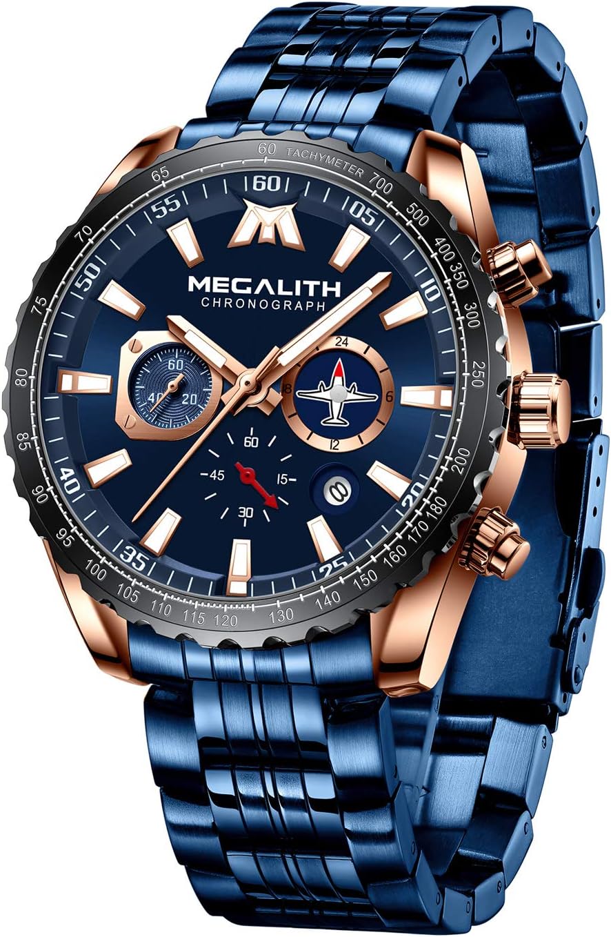 MEGALITH Mens Watches Designer Large Face Analogue Watch for Men Waterproof Stainless Steel Wrist Watch Luminous Date Gents Watches