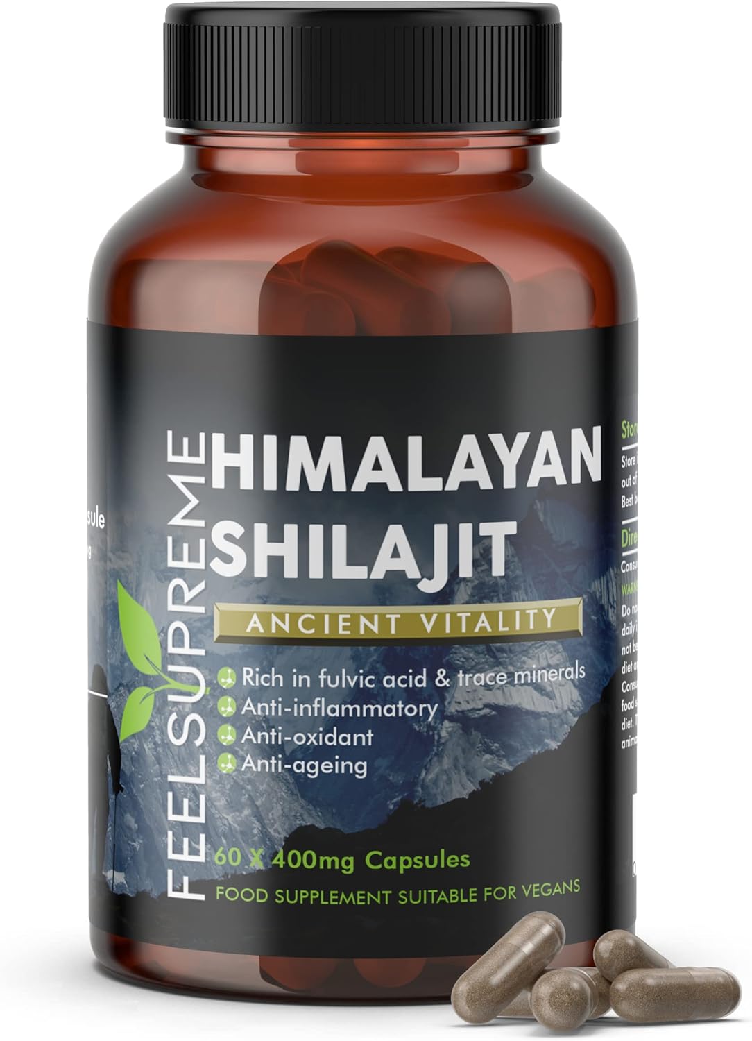 Feel Supreme - Himalayan Shilajit Capsules - 100% Pure and Natural, Tasteless - Rich in Trace Minerals, Iron, Fulvic and Humic Acid - Shilajit Supplement - 60 x 400mg