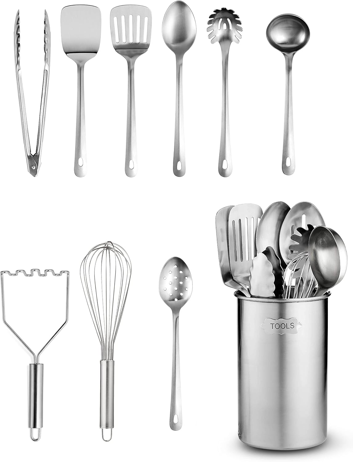 FineDine Kitchen Utensils Set - 10-Piece, Stainless-Steel Cooking Utensils w/Spoons, Whisk, Spatula, Tongs, Ladle, Masher & Cooking Utensils Holder - Kitchen Accessories, Gadgets and Tools