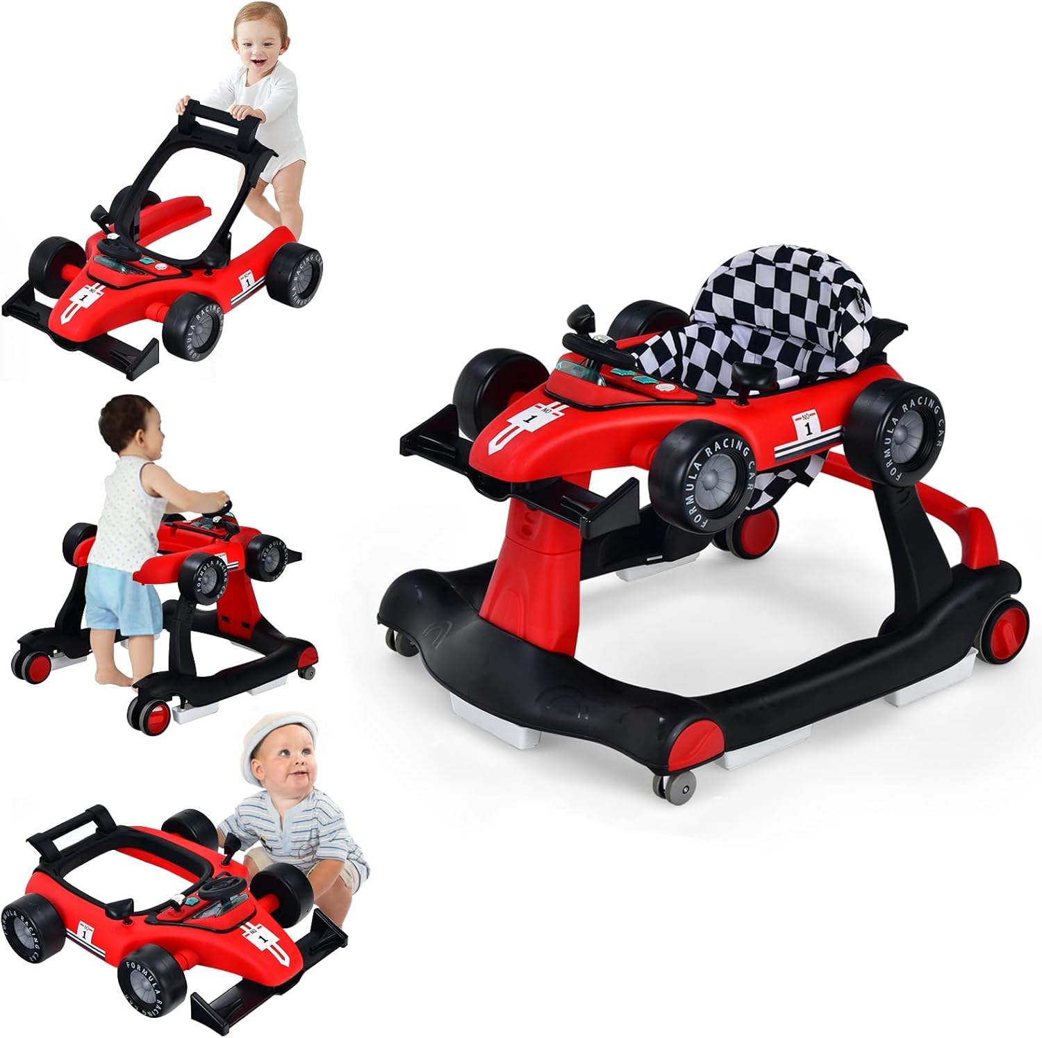 GYMAX Baby Walker, 4 in 1 Foldable Toddler Push Along Walker with Steering Wheel, Music Box, Lights and Comfy Seat, Height & Speed Adjustable Infant Learning to Walk Activity Center (Red)