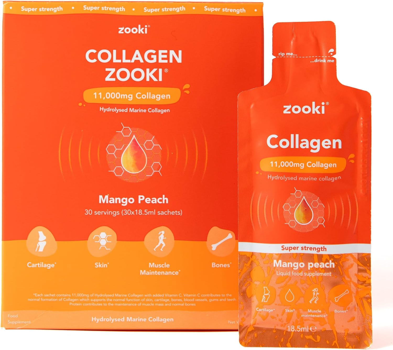 Zooki Super Strength Marine Collagen Liquid Sachets 11,000mg – Great Taste, Sugar Free – Highest Strength Marine Collagen Supplements for Women & Men – Skin, Joints & Hair (Mango Peach, 30 Servings)