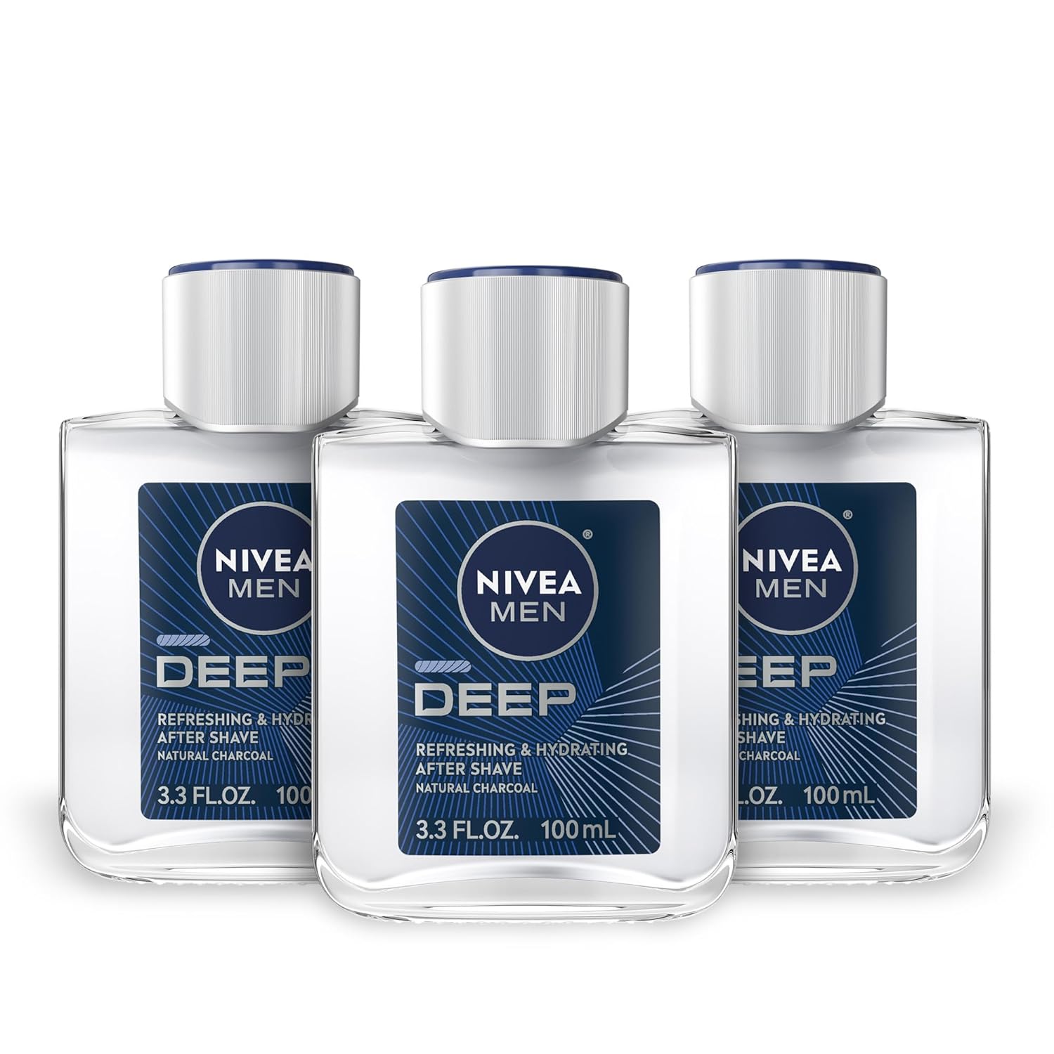 NIVEA Men DEEP Refreshing and Hydrating After Shave with Natural Charcoal, Aftershave Lotion for Men Soothes Shave Irritation, Vanilla and Bourbon Scent, 3.3 Fl Oz Bottle, Pack of 3