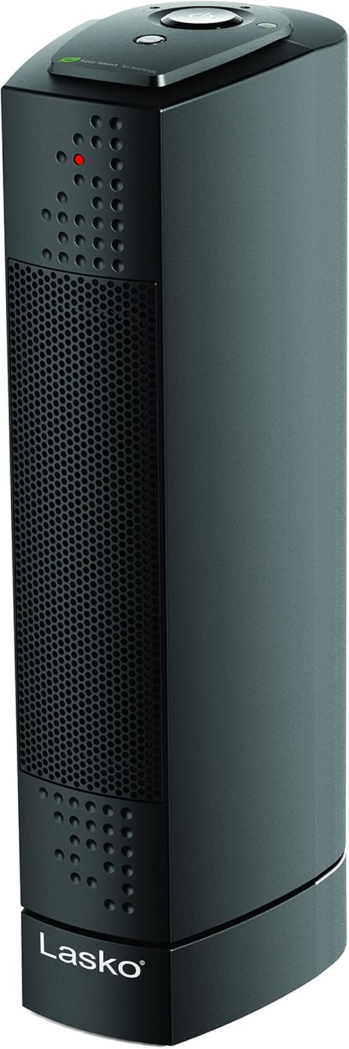 Lasko Oscillating Ceramic Slim Tower Desktop Space Heater for Home with Thermostat and 2 Speeds, 14 Inches, Black, 1500W, CT14101