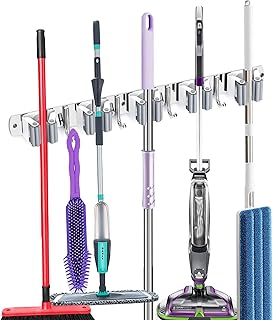 Broom Holder Wall Mount, Broom Organizer Wall Mount Stainless Steel Broom and Mop Hanger Heavy Duty Storage Organization for Home Kitchen Garden Garage Room 5 Racks 4 Hooks