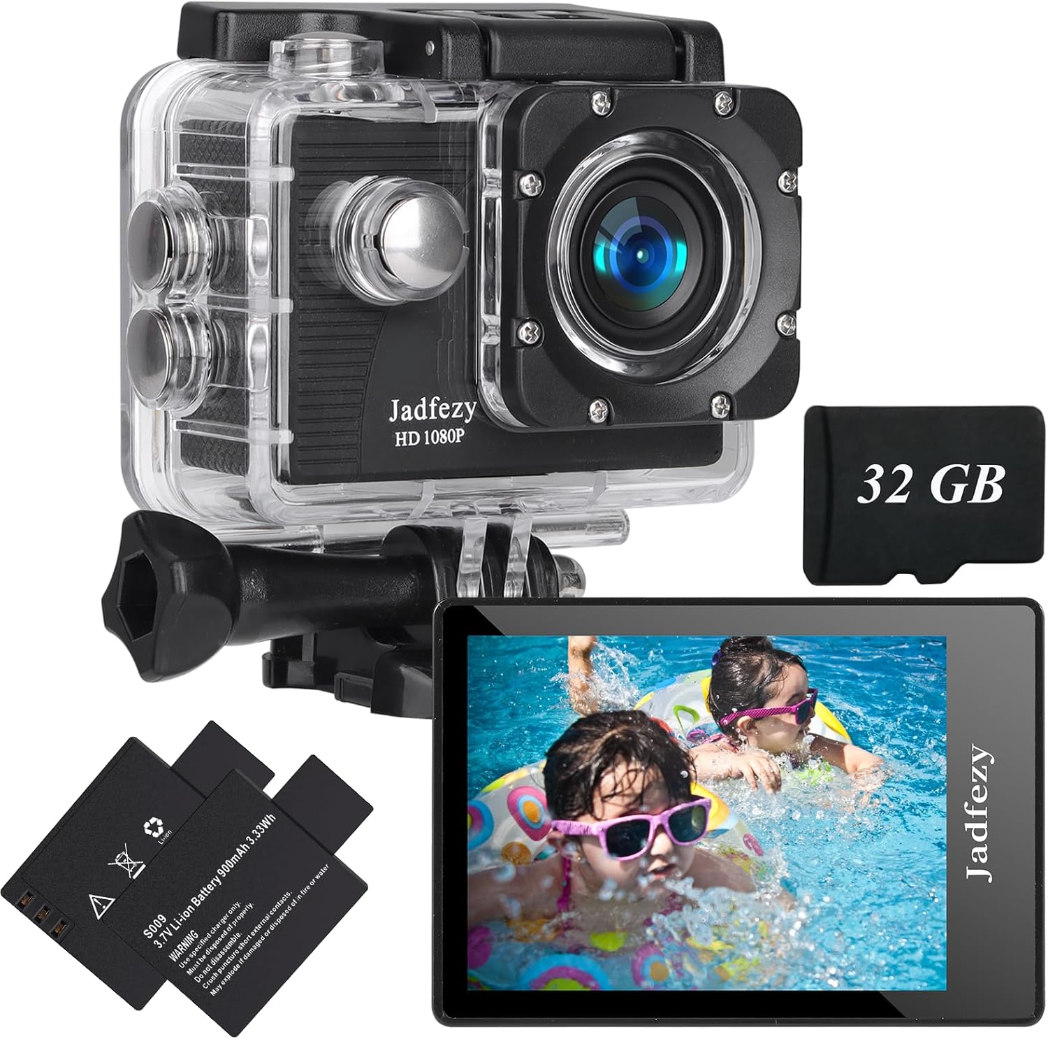 Jadfezy Action Camera FHD 1080P with 32GB Card, 98FT/30M Underwater Waterproof Camera with 2 Rechargeable Batteries, Wide Angle sports camera with Accessories Kit Suitable for Helmet, Bicycle, etc.