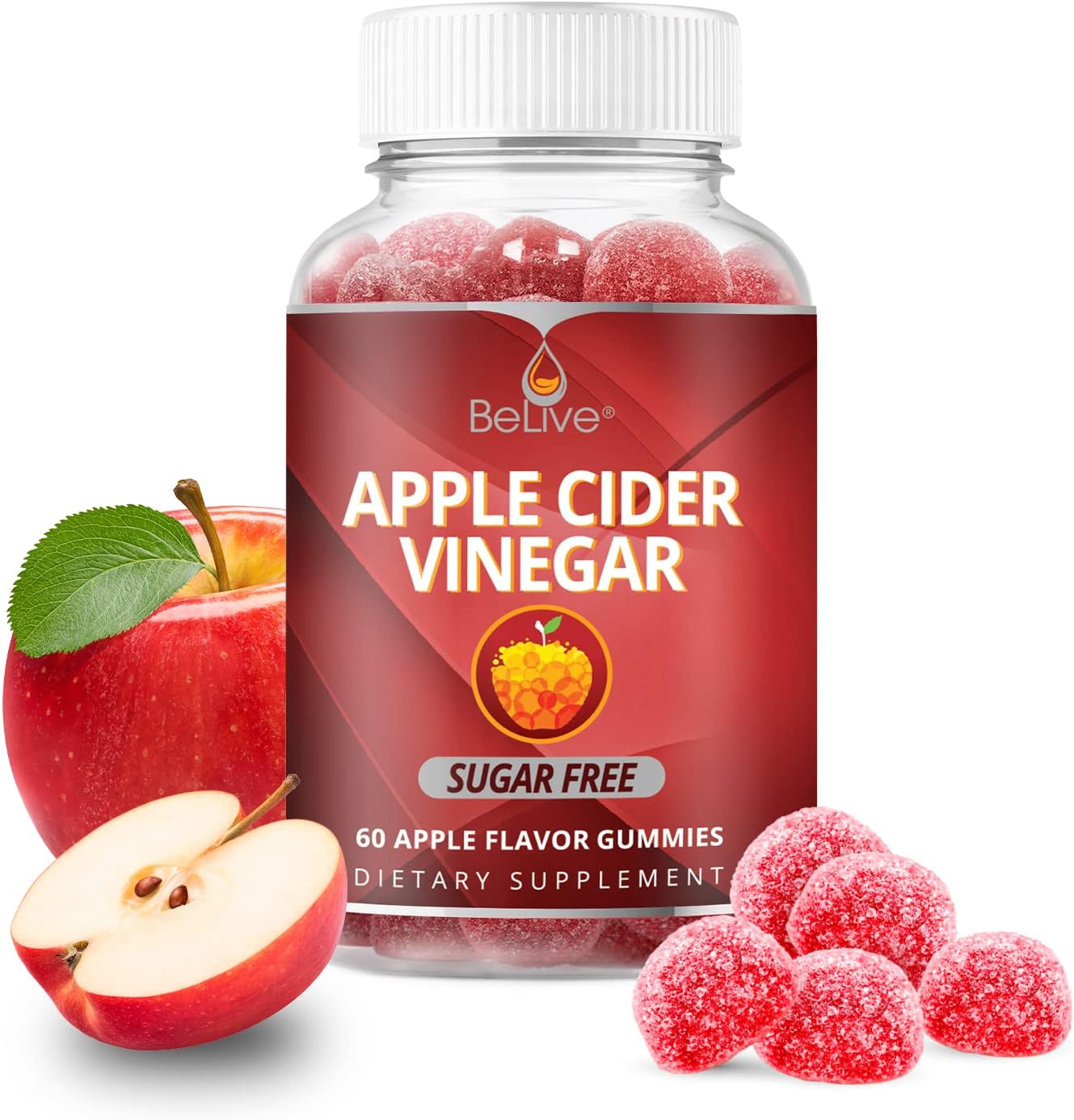 BeLive Apple Cider Vinegar Gummies - ACV Gummies Without Sugar I Detox & Cleanse Digestive Health I Alternative to Capsules, Vegan, Keto Friendly, Non-GMO, Gluten Free | 60 Ct