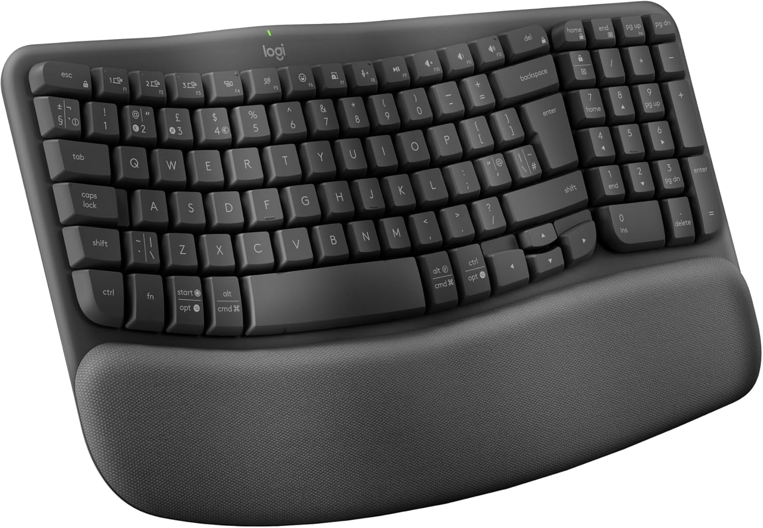 Logitech Wave Keys Wireless Ergonomic Keyboard with Cushioned Palm Rest, Comfortable Natural Typing, Easy-Switch, Bluetooth, Logi Bolt Receiver, for Multi-OS, Windows/Mac, UK English QWERTY - Graphite