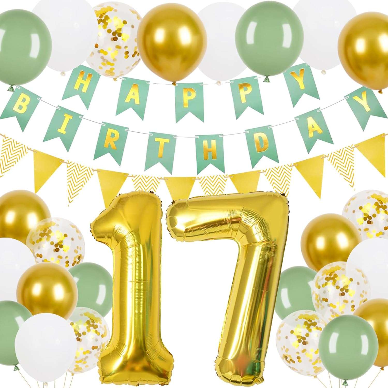 Happy 17th Birthday Banner, 17th Birthday Decorations with Gold Triangle Flag Bunting Banner and 24 Pcs 12 in Happy Birthday Balloons for Boy Girls Party Decoration