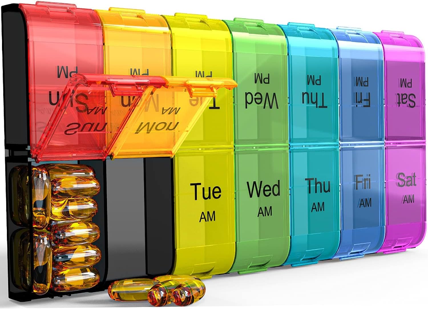 Extra Large Pill Organizer 2 Times a Day, Weekly XL AM PM Pill Case, 7 Day Pill Box Twice a Day, Oversized Daily Medicine Organizer for Vitamins, Big Pill Container, Medication Dispenser (Rainbow)