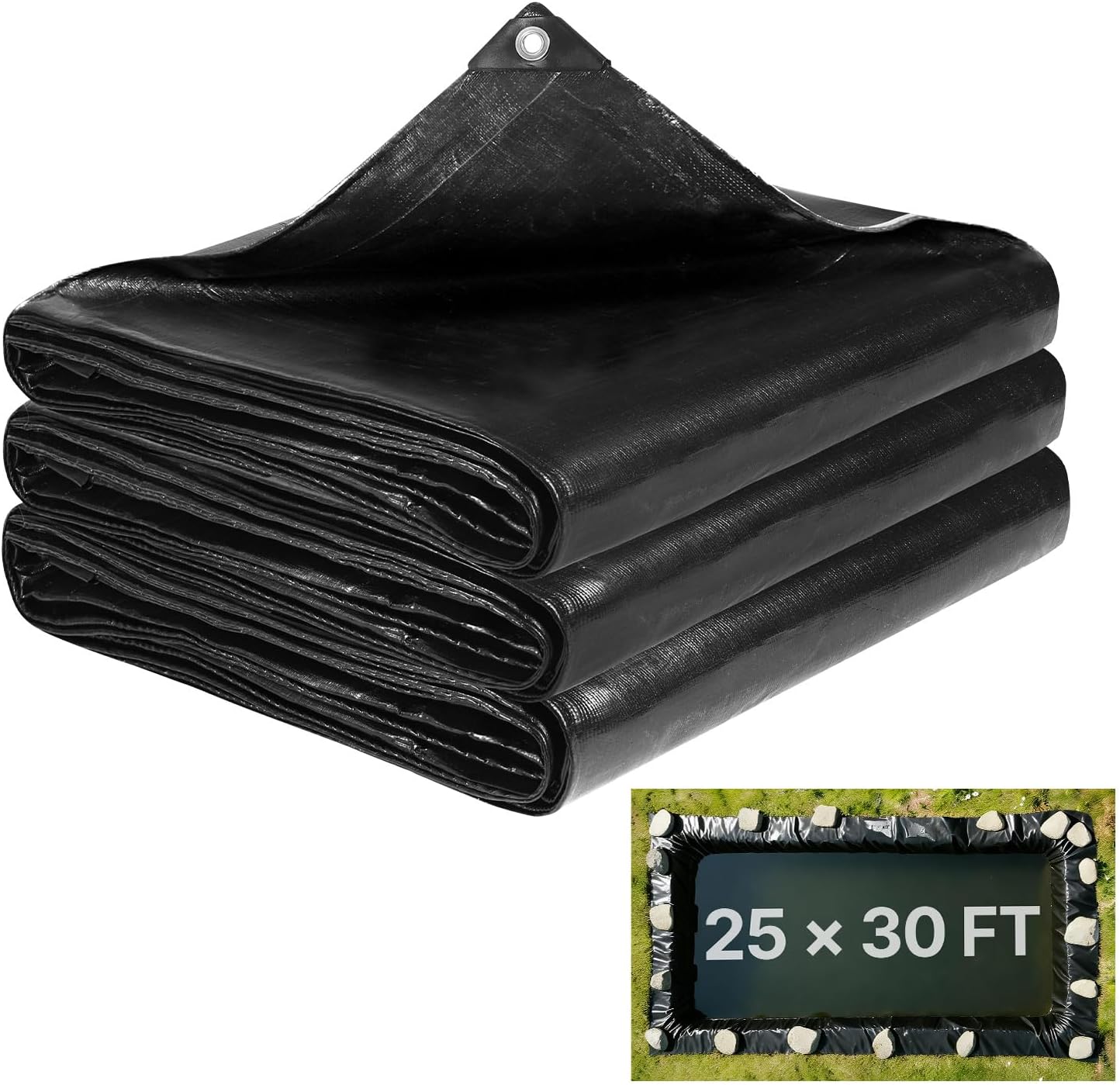 VEVOR 25 x 30 ft Pond Liner, 14 Mil Thickness, 3-Layer Reinforced PE Fish Koi Pond Liner for Outdoor Ponds, with Hemmed Edge and 4 Metal Buttonholes, for Water Garden, Waterfall, and Fountains, Black