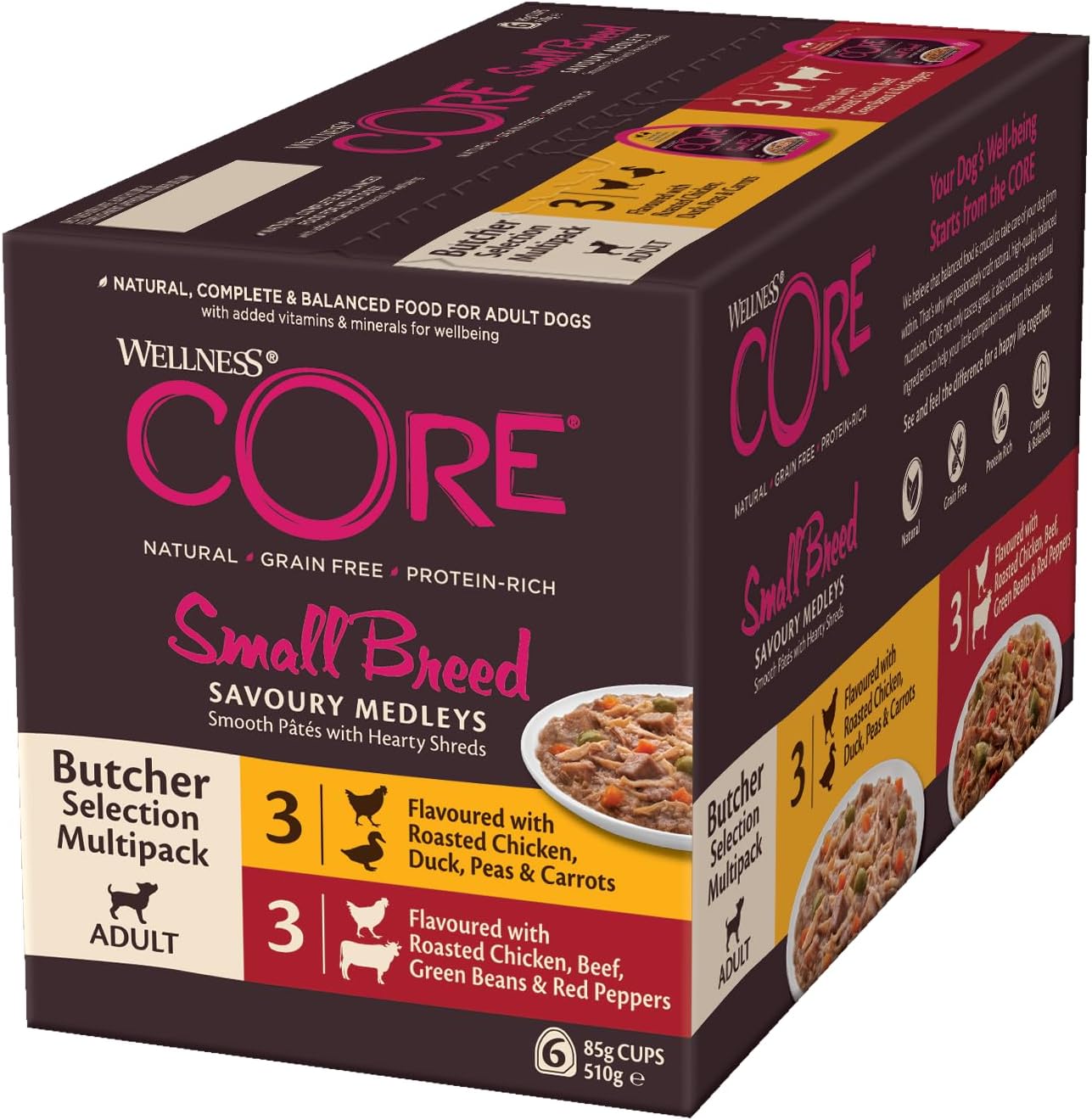 Wellness CORE Savoury Medleys 6 x 85g, Chicken,Duck&Beef Mix – Wet Dog Food | for Small Breeds, Grain-Free, Natural, Hypoallergenic, High-Protein, High Meat Content