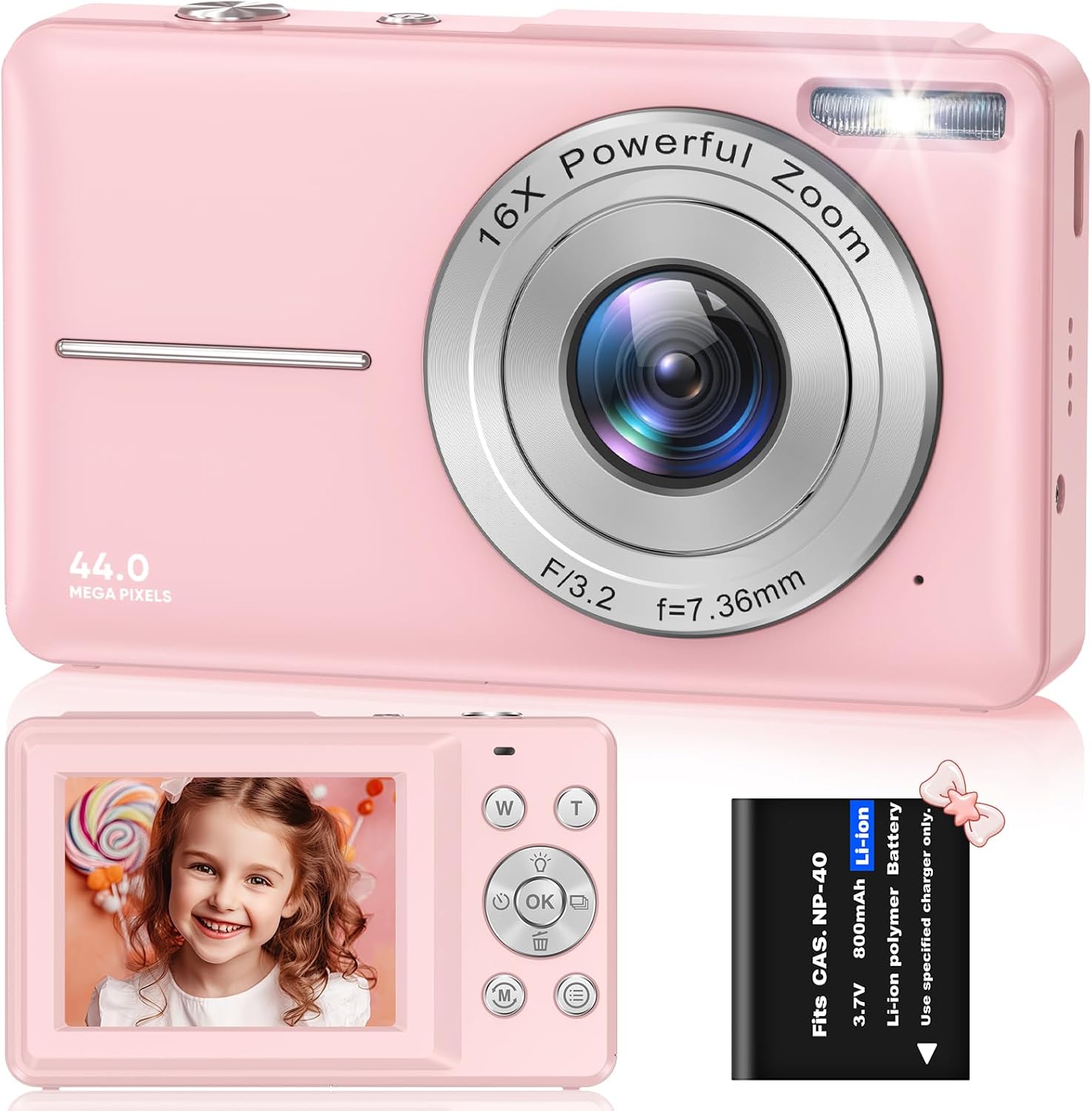 FHD 1080P 44MP Digital Camera - Compact Vlogging Camera with 16X Digital Zoom, 2.4" LCD, Rechargeable - Perfect for Kids, Adults, Teenagers, Girls, Boys (Pink)