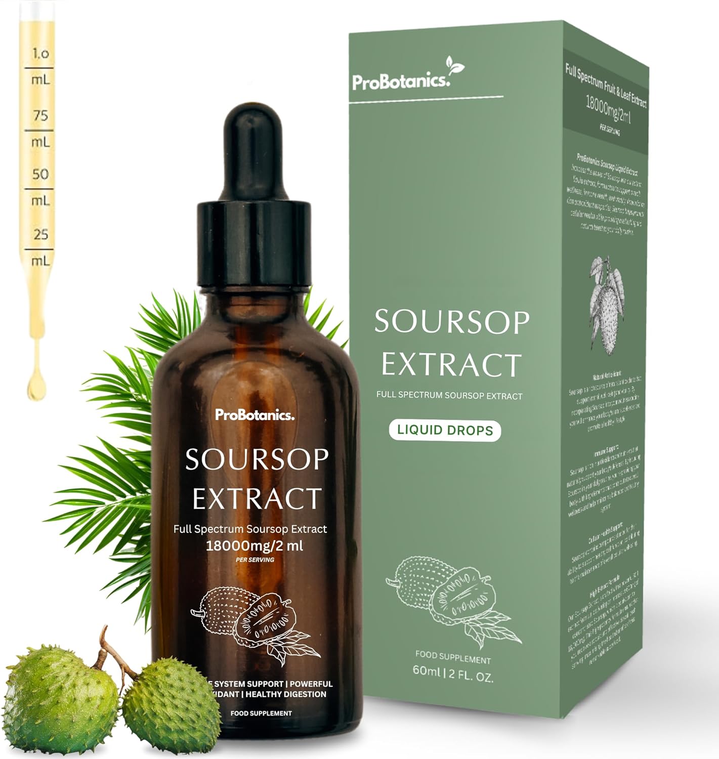 Organic Soursop Drops for Cell Support & Regeneration | High Strength 600mg Per Serving (30:1 Extract Equiv. to 18000mg) | Potent Antioxidant & Immune Support - One Month Supply - 60ml