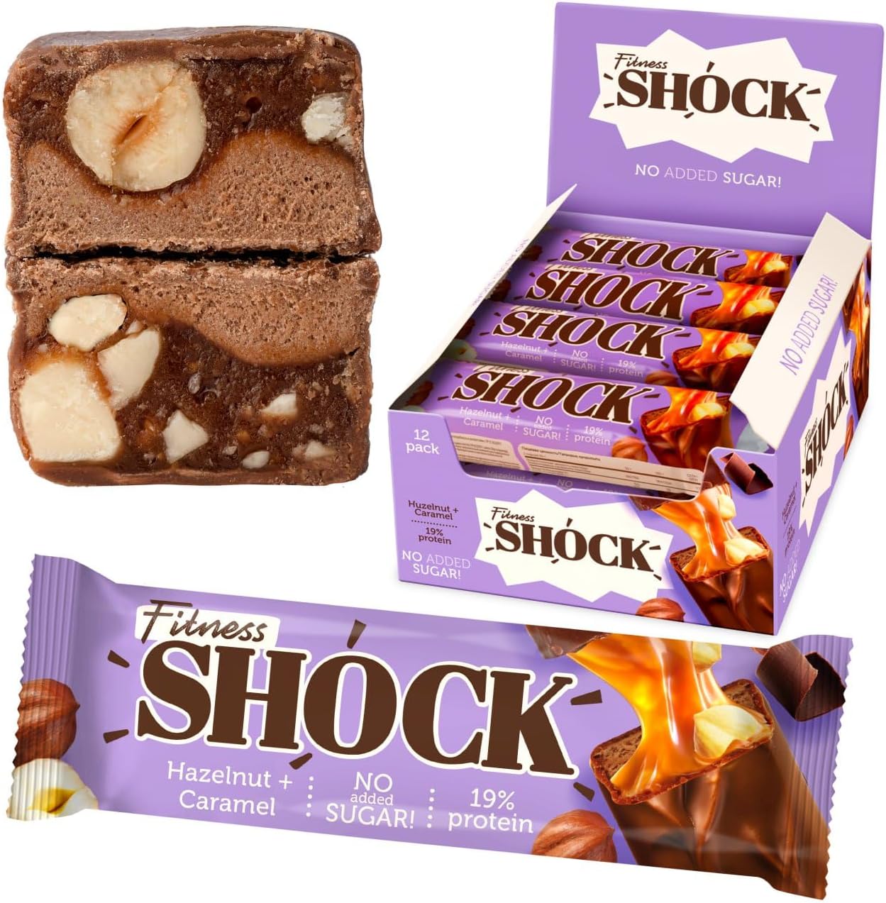 FitnesSHOCK Protein Bars Low Carb, 10g Protein & Fiber Snack – No Sugar Added, Palm Oil & Flour Free | Hazelnut Caramel | 12x50g