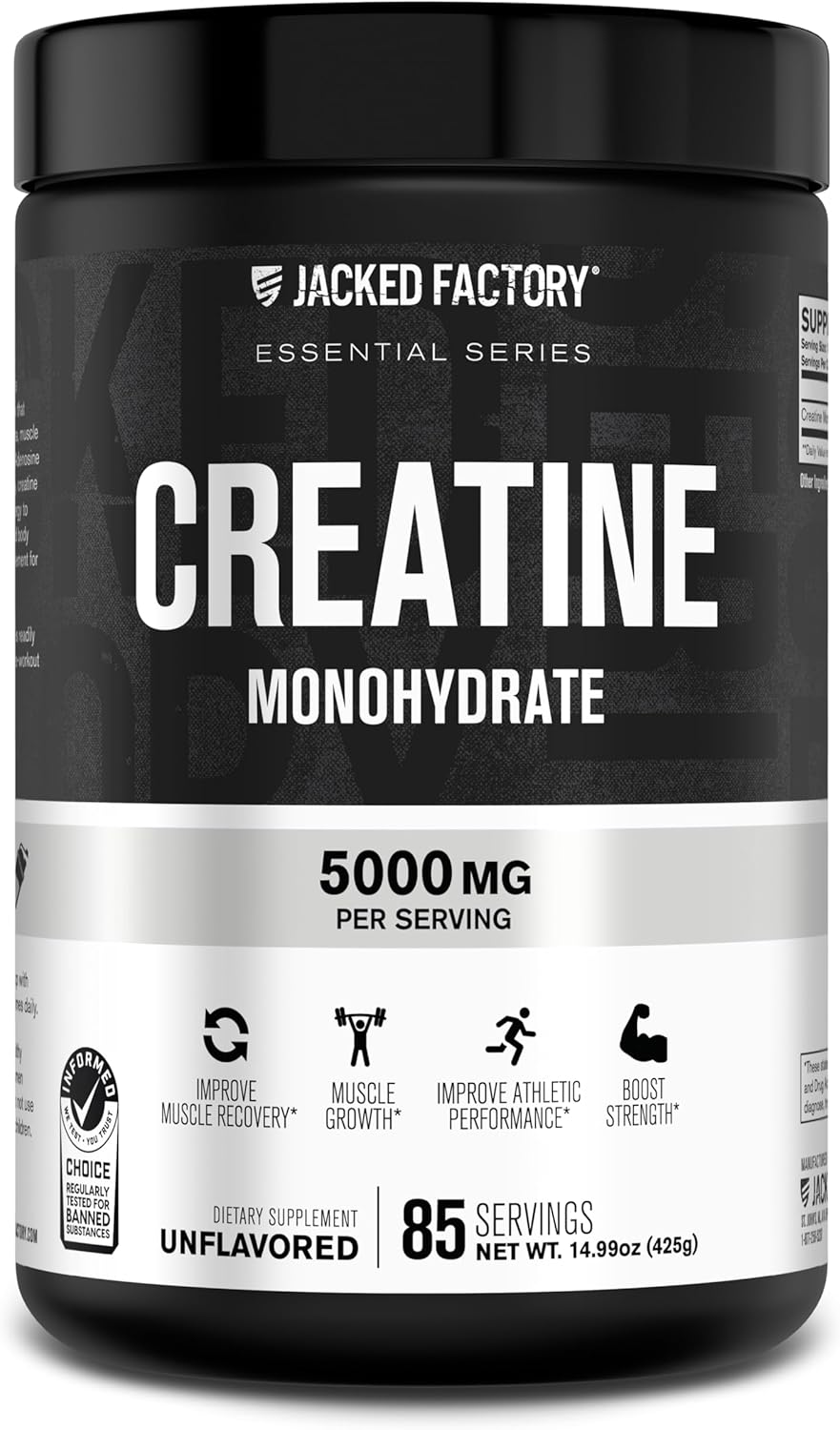Jacked Factory Creatine Monohydrate Powder 425g - Creatine Supplement for Muscle Growth, Increased Strength, Enhanced Energy Output and Improved Athletic Performance 85 Servings, Unflavored