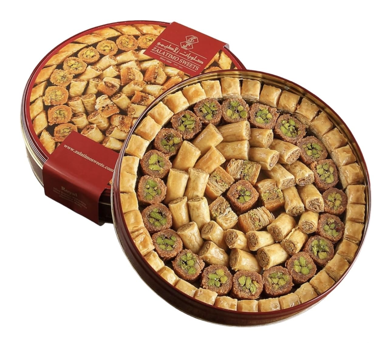Pistachio Assorted Baklava and Savory Pastries, Phyllo Variety Pack in Metal Tin