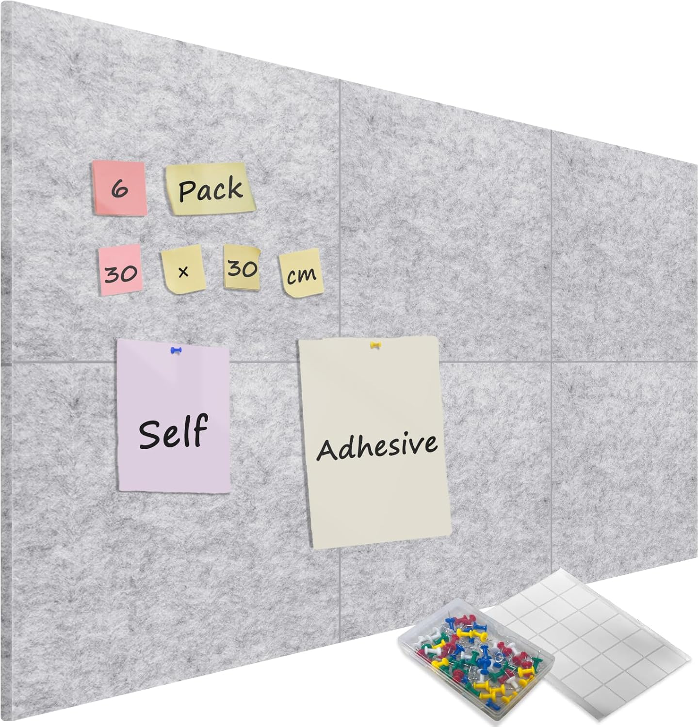Sliandtelly 6 Pcs Felt Bulletin Board with 60 Pins, 12mm Thick Notice Pin Board Wall Tiles with Adhesive Tapes, 60 x 90 cm Grey Felt Cork Panel for Photo DIY Memo Display in Home Kitchen Office School