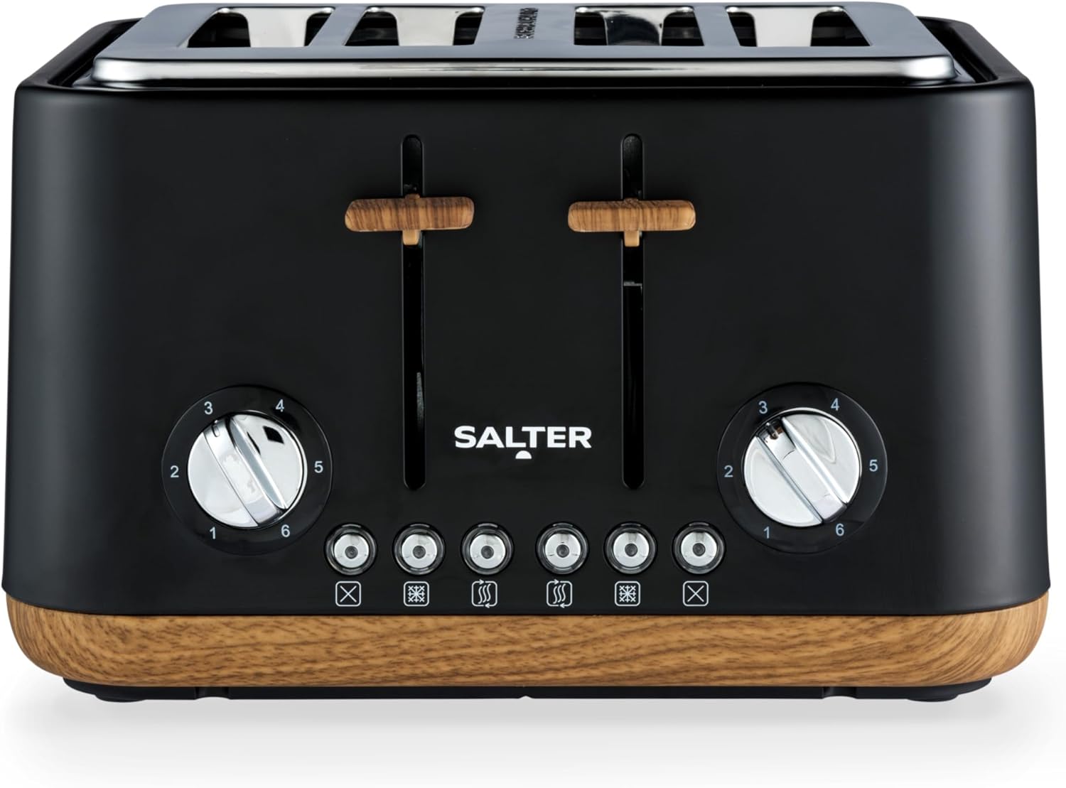 Salter EK5823BLK Toronto 4-Slice Toaster – Wide Slots, 6 Browning Levels, Removable Crumb Tray, Defrost, Reheat, Cancel, Self-Centring Function, High-Lift Eject, 1630 W, Wood Effect/Black, Plastic