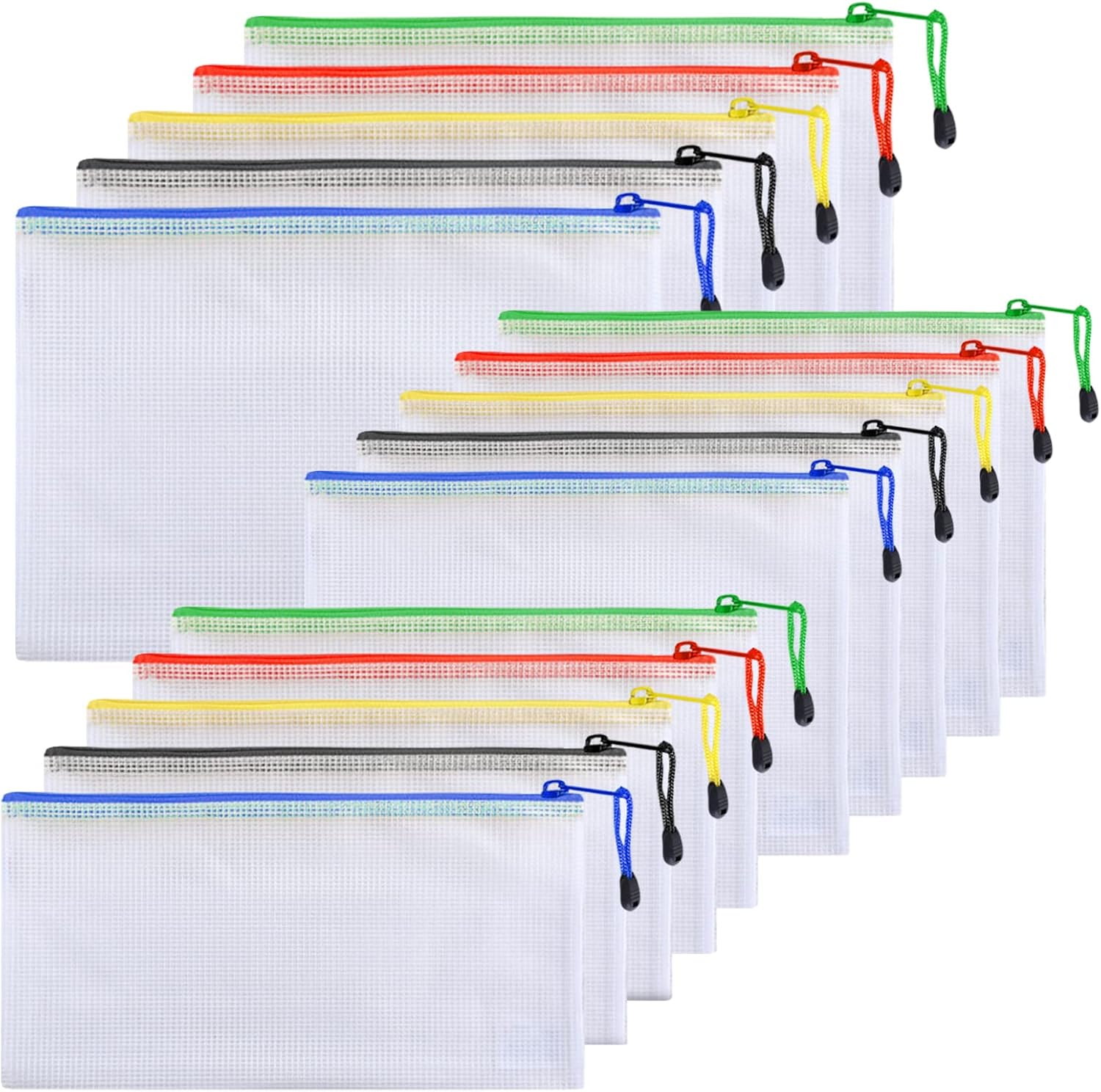 FYY A4+A5+A6 Plastic Zip Wallets Folder, 15PCS Mesh Zipper Pouch Document Wallet, A4+A5+A6 Zipper File Folders, Zip Lock Bags for School Office Household Travel Supplies
