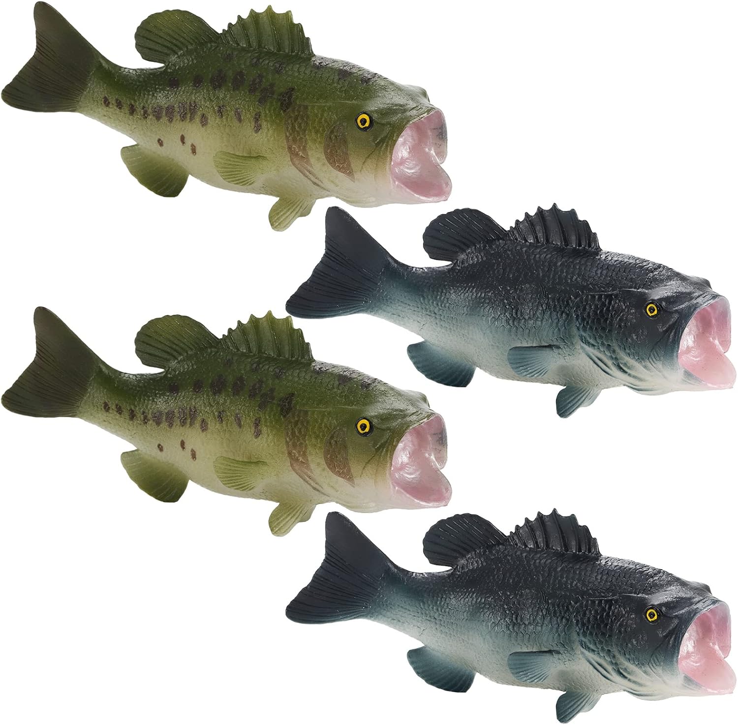 ZENFUN 4 Pack Small Bass Figurine, 6 Inch Fake Fish Cake Topper, Plastic Simulated Realistic Bass Model, Artificial Fish Lifelike for Food Display, Home Market(Blue,Green)