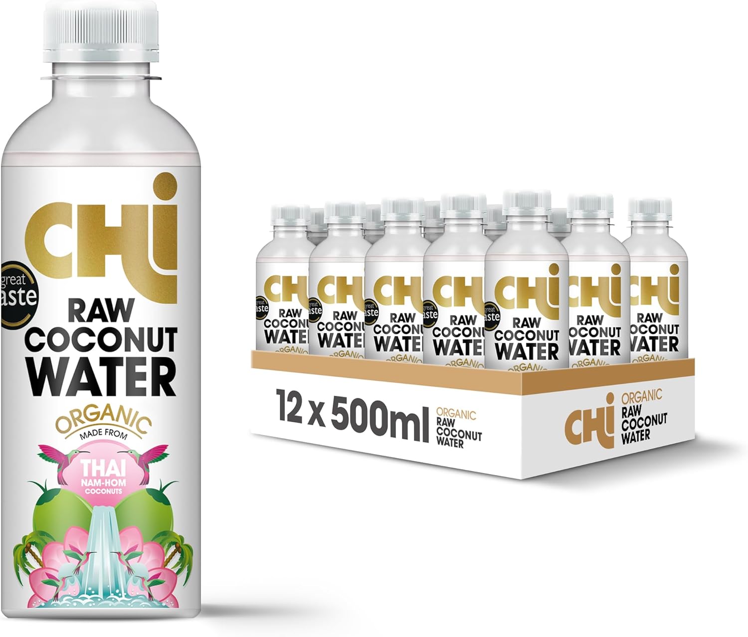 CHI Rehydrate/Revive RAW Organic Coconut Water Drink - (500ml) Pack of 12 - Hydrate with Natural Electrolytes, No Sugar Added, Full Of Vitamin C & Potassium.