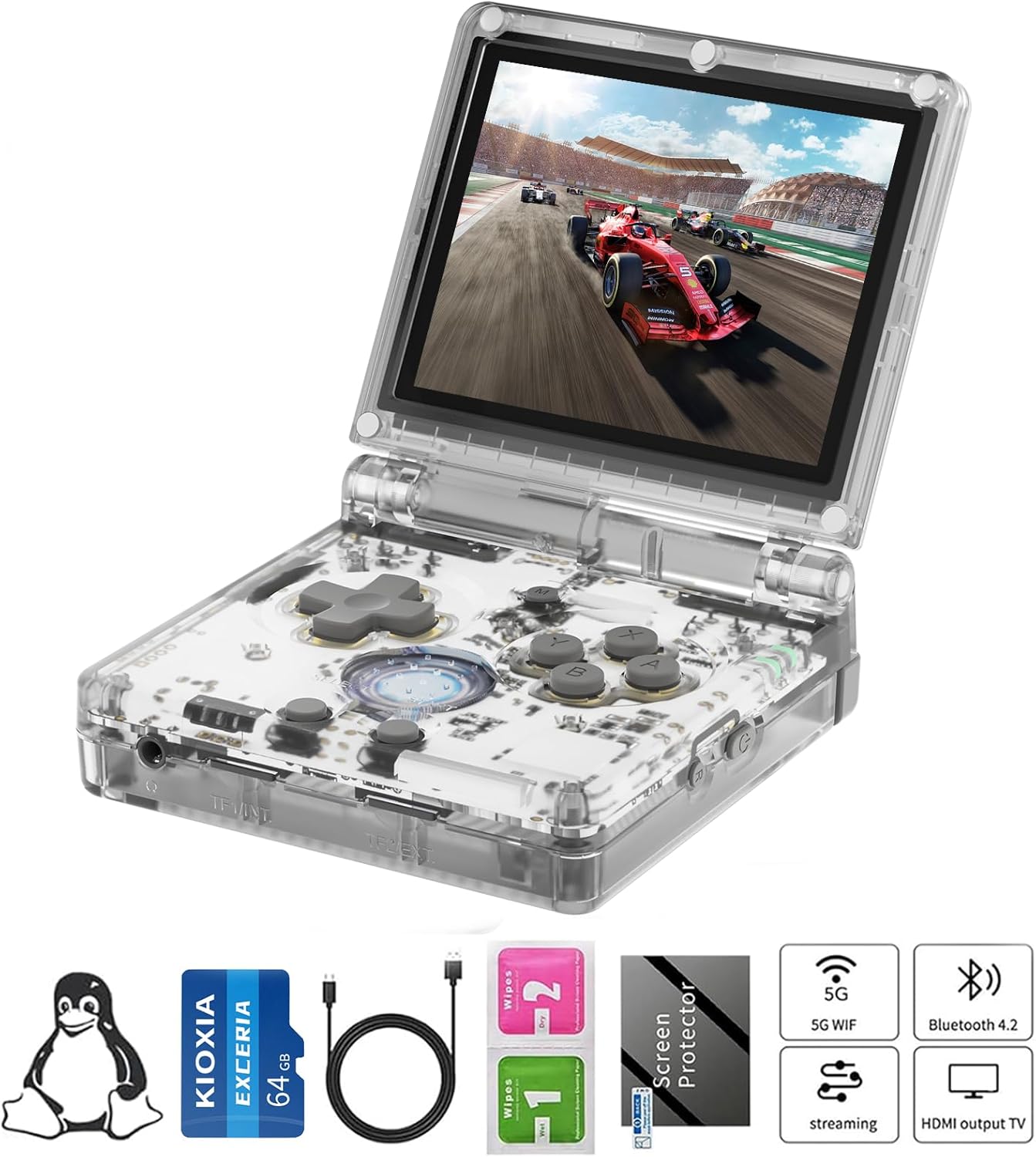 RG35XXSP Handheld Game Console RG35XX SP Clamshell Retro Game Console with 64G TF Card Preloaded Games 5532 Portable Gaming Console with 3.5 inch Screen 3300mAh Battery 5G WiFi Bluetooth HD White