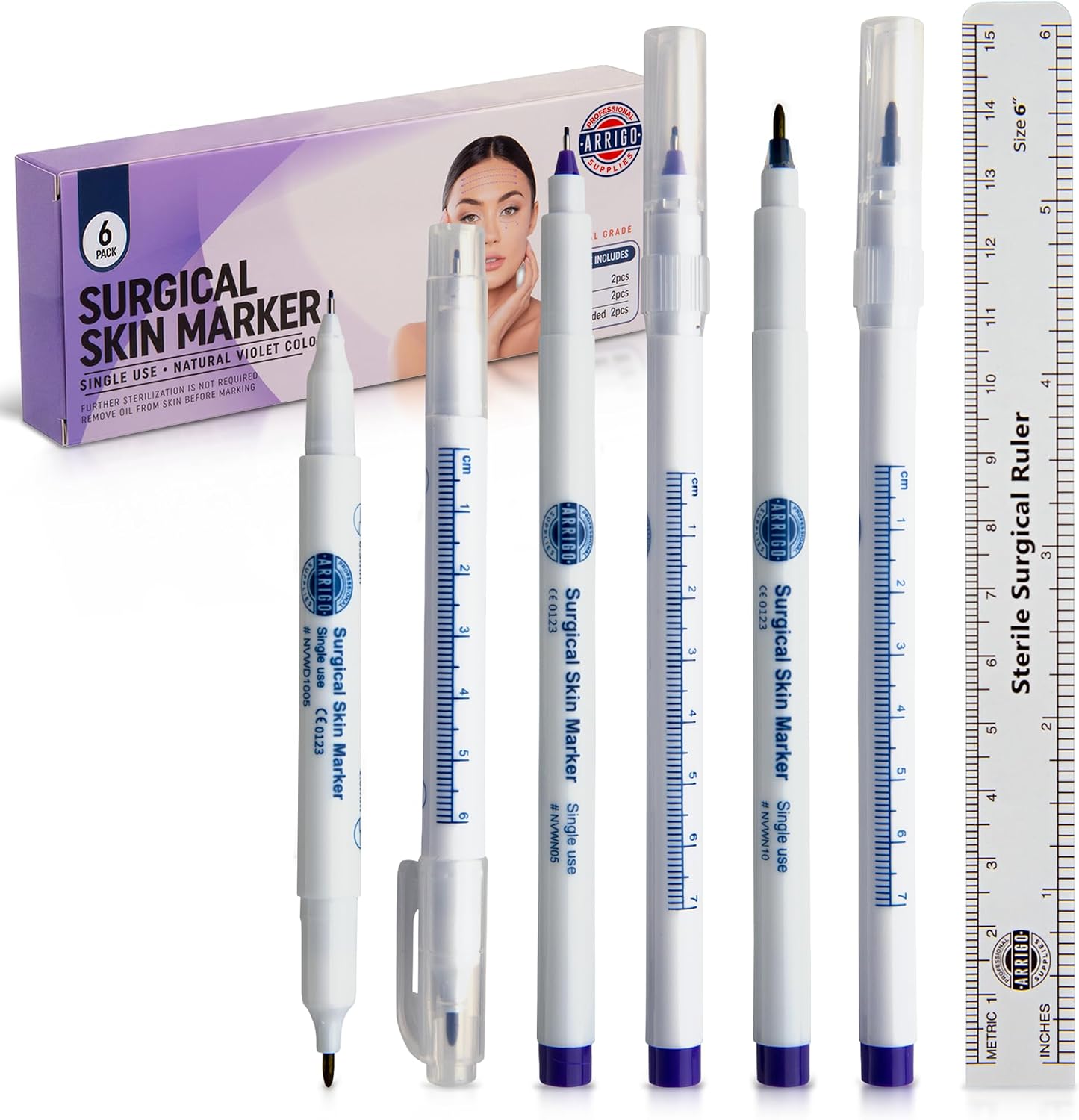 Arrigo Sterile Surgical Skin Markers – Box of 6 Individually Wrapped Violet Purple Skin Pens for Clinical Use – Single & Dual-Tip – Precise 0.5mm & 1mm – Water & Sweat-Resistant – Rulers Included