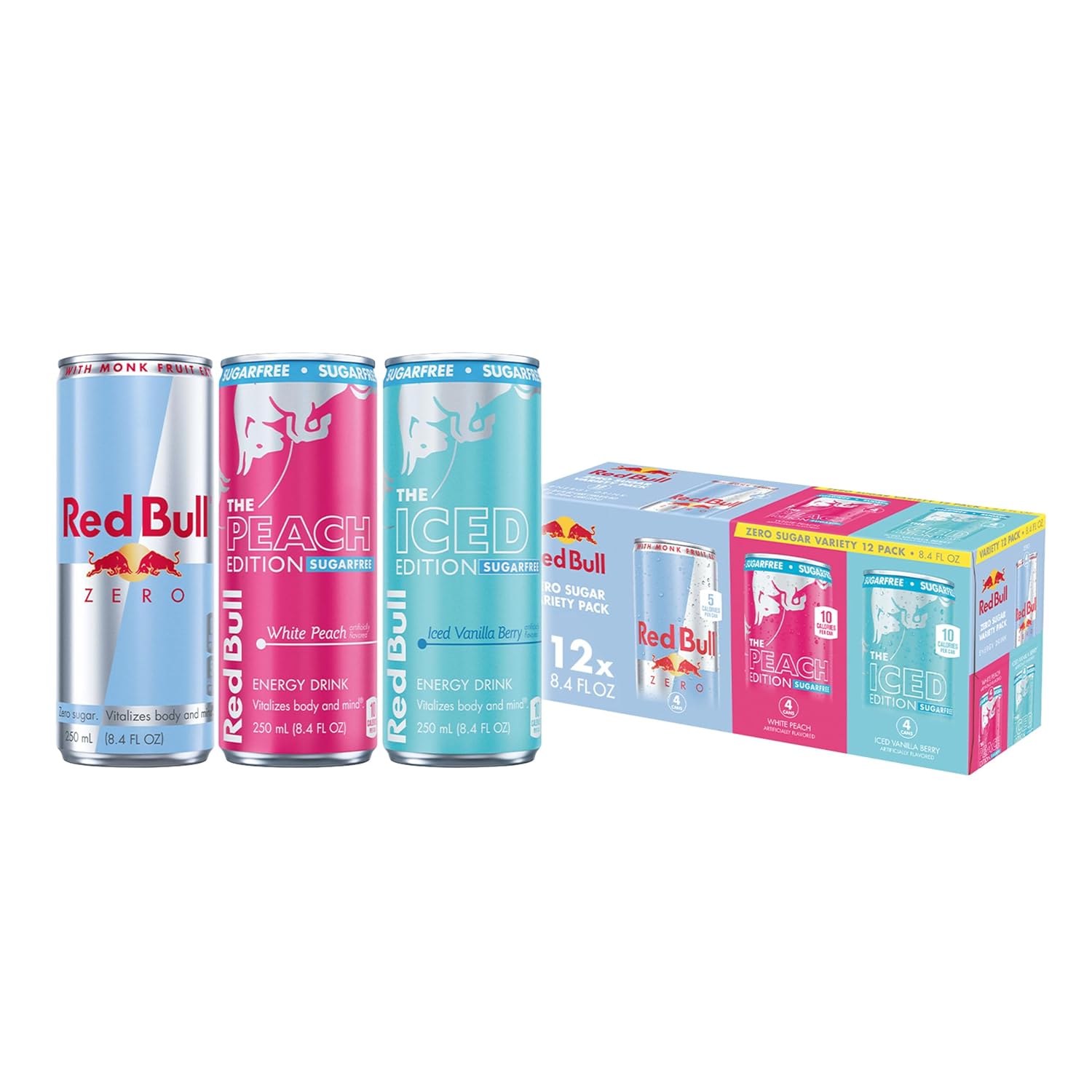Red Bull Energy Drink SugarFree Variety Pack, Zero, Peach, Iced Vanilla Berry, with 80mg Caffeine, Taurine & B Vitamins, 8.4 fl. oz, Pack of 12 Can
