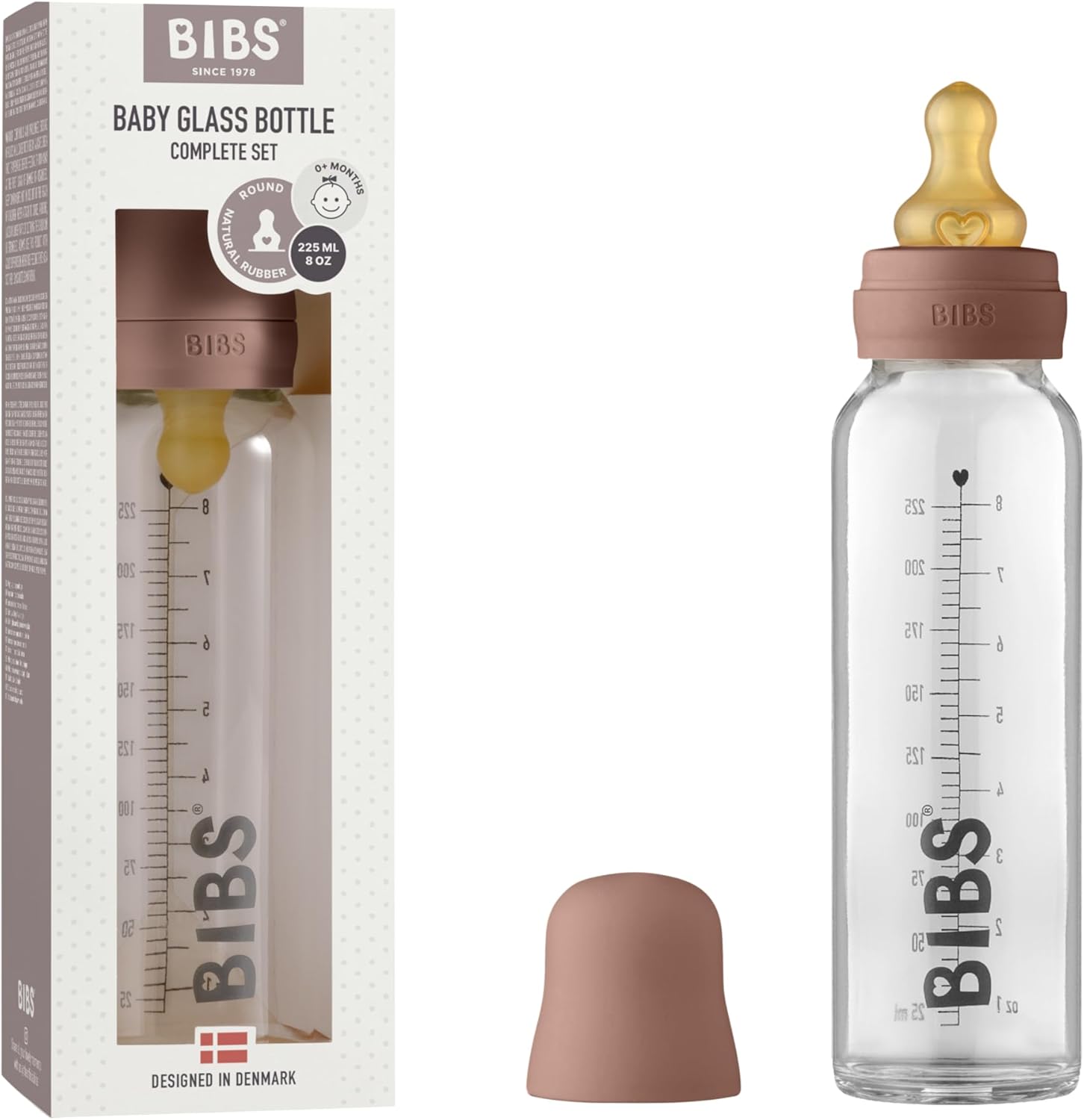 BIBS Baby Glass Bottle. Anti-Colic. Round Natural Rubber Latex Nipple. Supports Natural Breastfeeding, 225 ml, Woodchuck