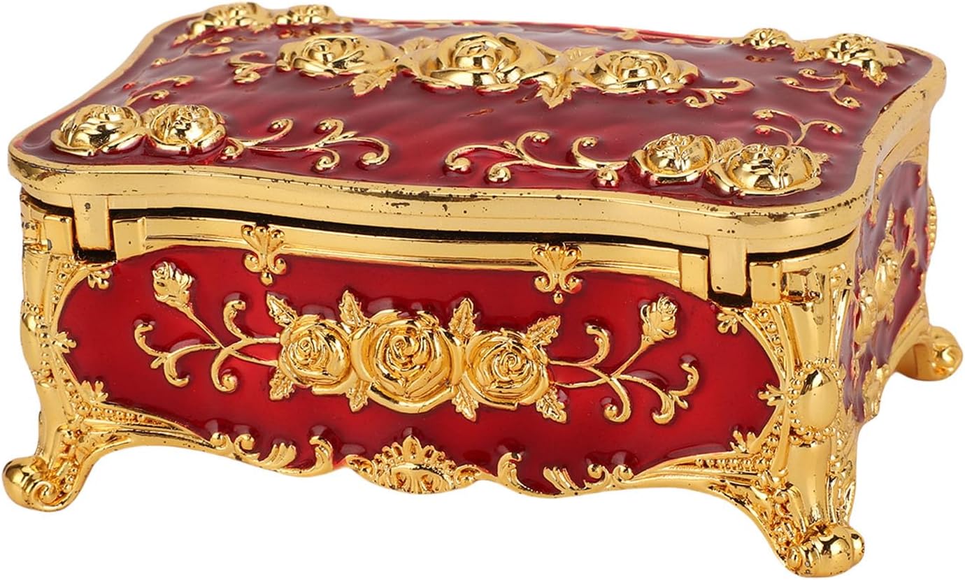 Qcwwy Mystery Jewelry Jar Vintage Metal Jewelry Box Small Trinket Storage Organizer Box Rose Decor Velvet Lining Rectangular Metal Trinket Storage Keepsake Earrings Necklace (Gold Red)