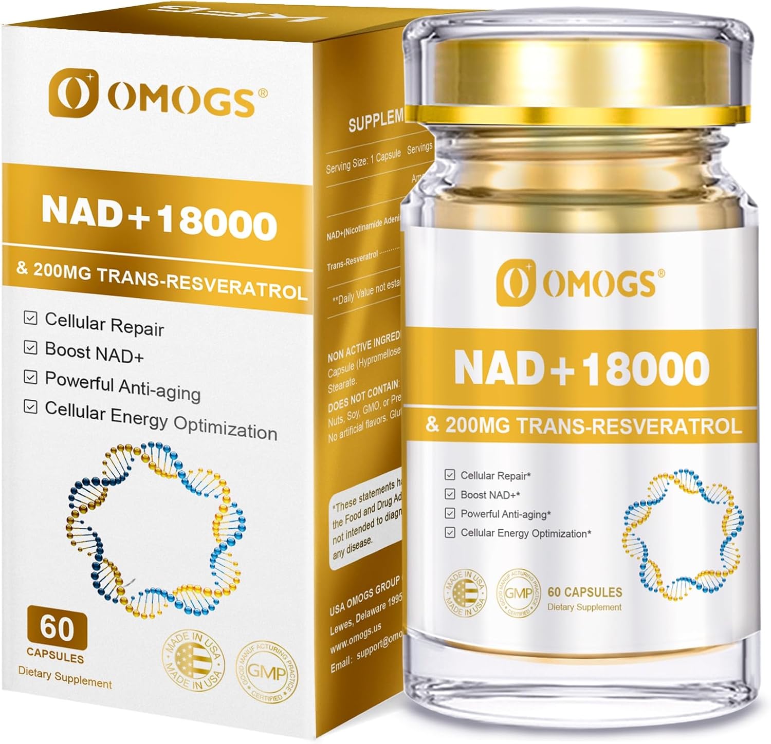 OMOGS NAD+ 300 mg + Trans-Resveratrol 200 mg, Pure NAD Supplement, Max Absorption, Boosting Supplement for DNA Repair, Healthy Aging, Cellular Energy & Longevity, 60 Capsules