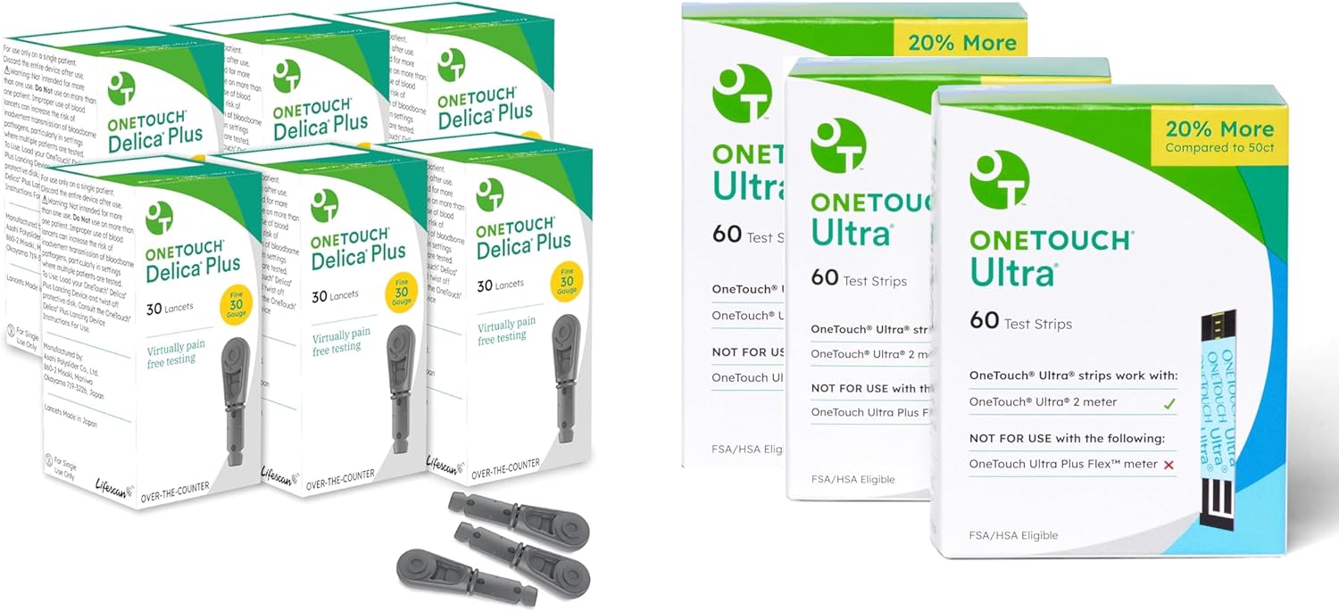 OneTouch Delica Plus Lancets & OneTouch Ultra Test Strips Bundle - Includes 180 Test Strips & 180 Lancets - Fine 30-Gauge - for Diabetes Testing - Diabetic Supplies for Blood Sugar Monitor