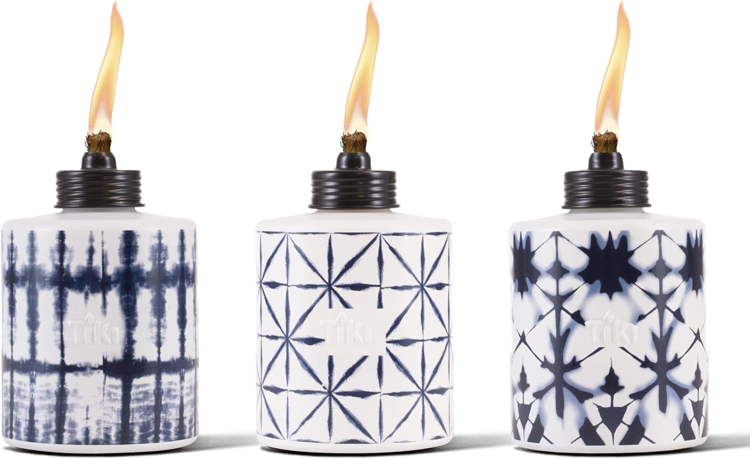 TIKI Glass Tie-Dye Tabletop Torches, 3-Pack – Decorative Outdoor Torches for Patio, Backyard & Garden – Portable Tabletop Citronella Torches for Outdoor Lighting – Blue, 5.75-Inch