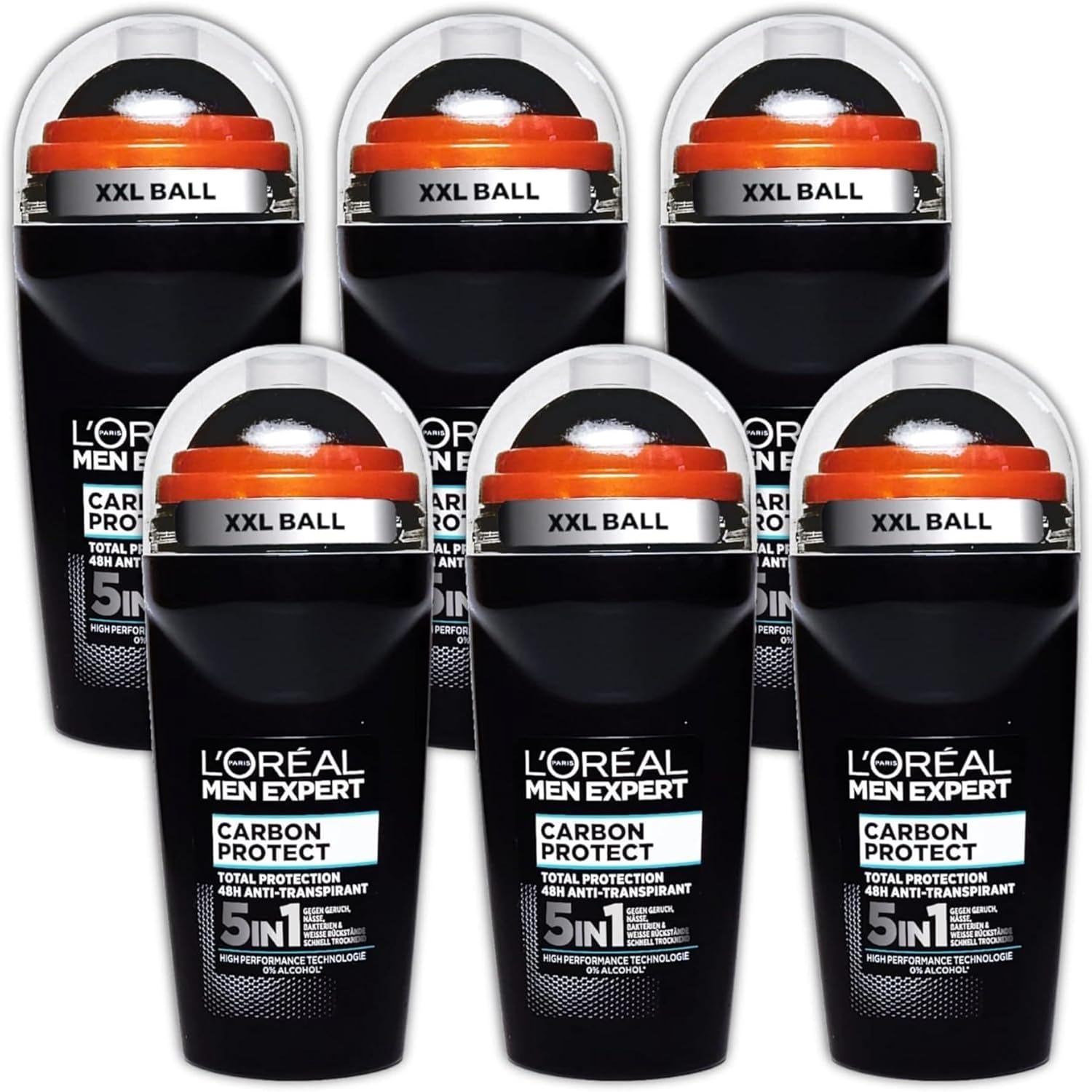 L'Oréal Paris Men Expert 48H Carbon Protect Anti-Perspirant Roll On Deodorant for Men, 50ml 5 IN 1Pack of 6, Bulk Buy