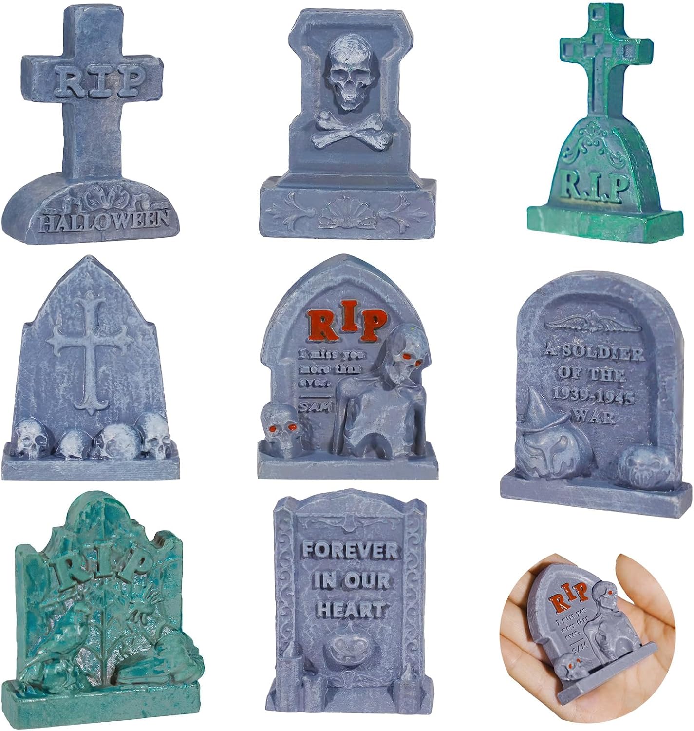 Bbiamsleep 8 Pcs 2.1 Inch Halloween Miniature Tombstones Figurine Mini Village Resin Tombstones Graveyard Gravestone for Mini Halloween Graveyard Scene DIY Crafts Outdoor Decorations
