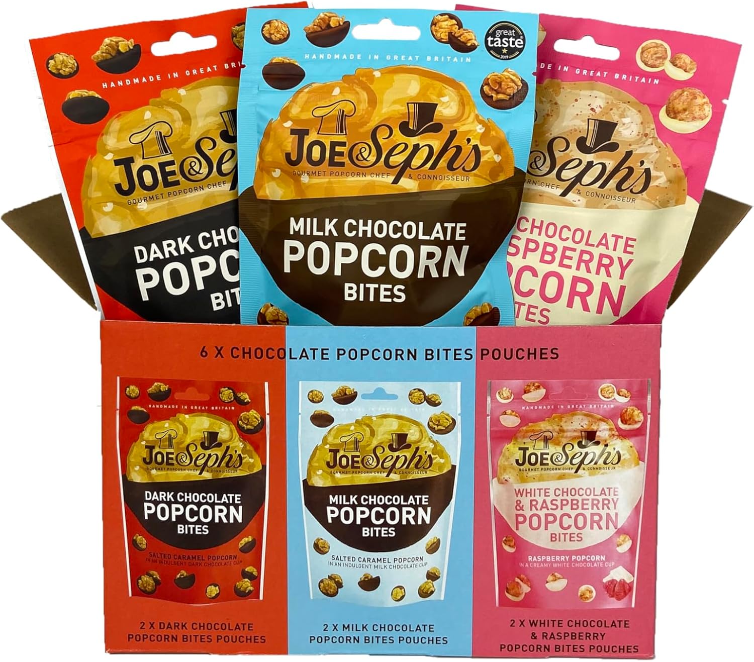Joe & Seph's Award Winning Popcorn Bites (pack of 6) | Milk Chocolate, Dark Chocolate & Raspberry White Chocolate popcorn, Salted caramel popcorn. Luxury Popcorn, Gourmet Popcorn, Sweet Popcorn
