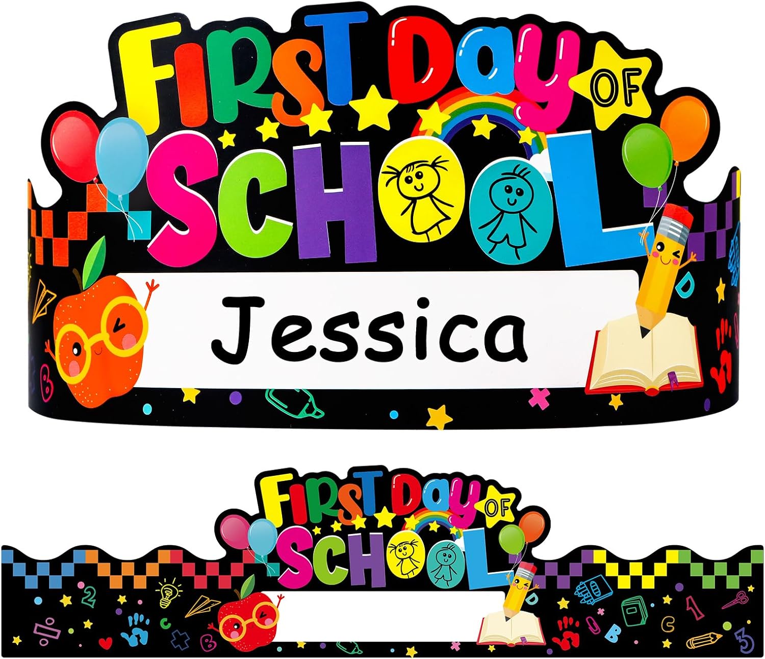 WaaHome Kids First Day of School Paper Crowns Decorations, 24pcs Personalized First Day of Kindergarten Preschool Paper Hats Gifts for Kids Students, Adjustable First Day of School Paper Caps Hats