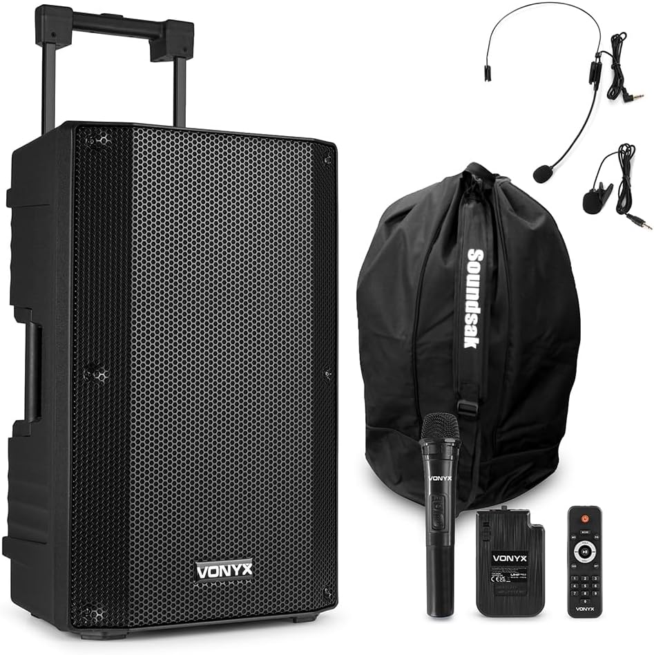 VONYX VSA500-BP Portable PA System with Wireless Microphones, Bluetooth Battery Powered 12-Inch Speaker, Headset, Lapel Mic & SoundSak Bag – Ideal for Music, Fitness, Busking & Speeches