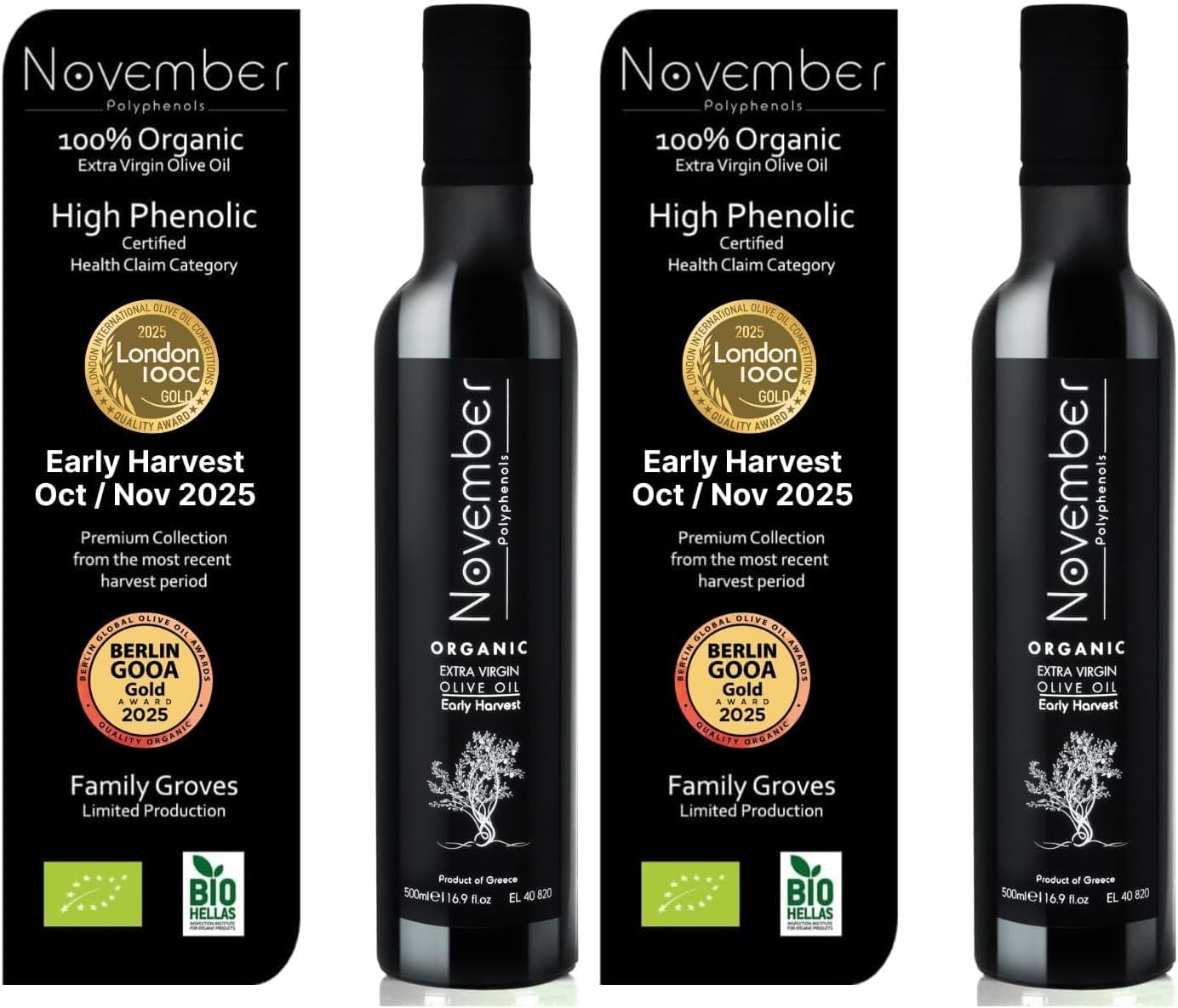 November Polyphenols Olive Oil Extra Virgin - Organic High Phenolic EVOO – Early Harvest – Lab Certified +1200mg/kg High Polyphenol – Cold Pressed Extra Virgin – Greek – 500ml Bottle (Pack of 2)