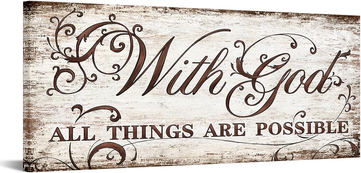 KREATIVE ARTS With God All Things Are Possible Canvas Wall Art - Vintage Brown Wood Grain Pattern with Flower Design, Bible Verse Print, Rustic Home Office Decor, Christian Gifts, 20x48''